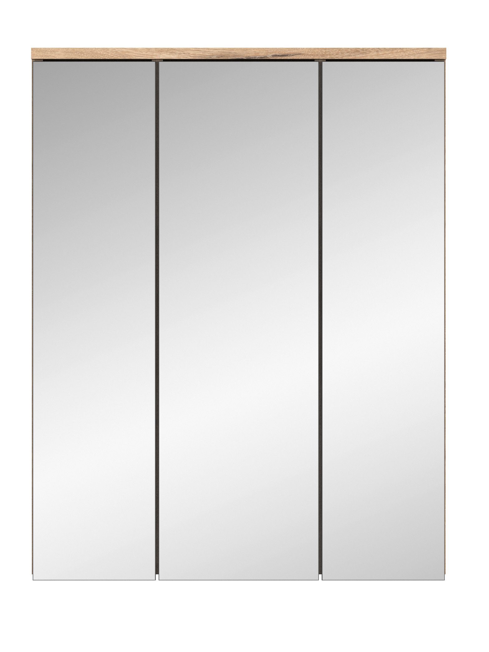 möbelando Spiegelschrank Missoula Moderner Spiegelschrank, Korpus aus Spanplatte in "Nox Oak", mit 3 Spiegeltüren und 9 Ablageböden, inkl. 1 LED-Aufbauleuchte, Schalter und Steckdose. Breite 60 cm, Höhe 77 cm, Tiefe 18 cm