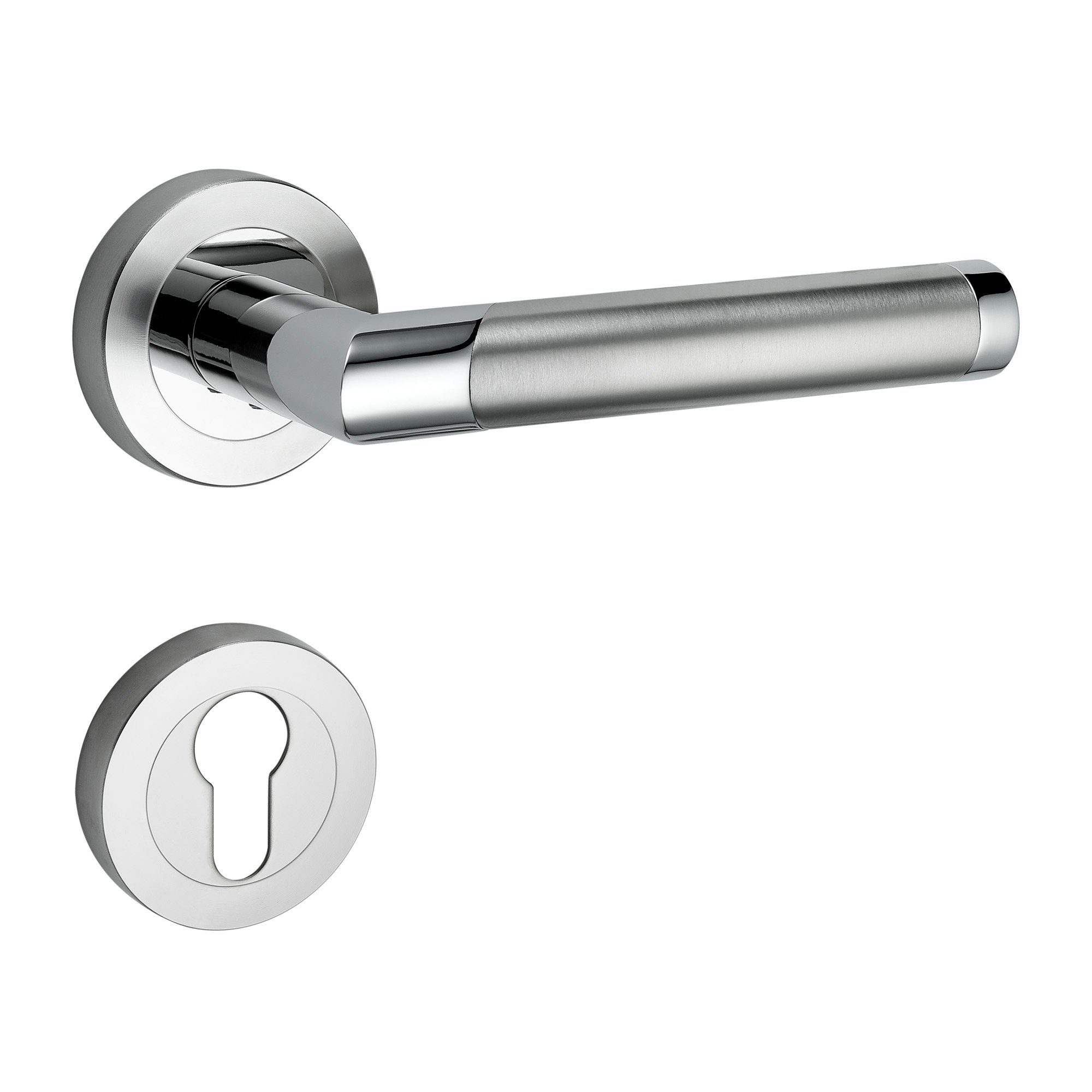 Türbeschläge24 Drückergarnitur Core 2, festdrehbar gelagert, Schraubrosettenoptik, Schnellmontage, Bicolor Chrom/Edelstahl matt