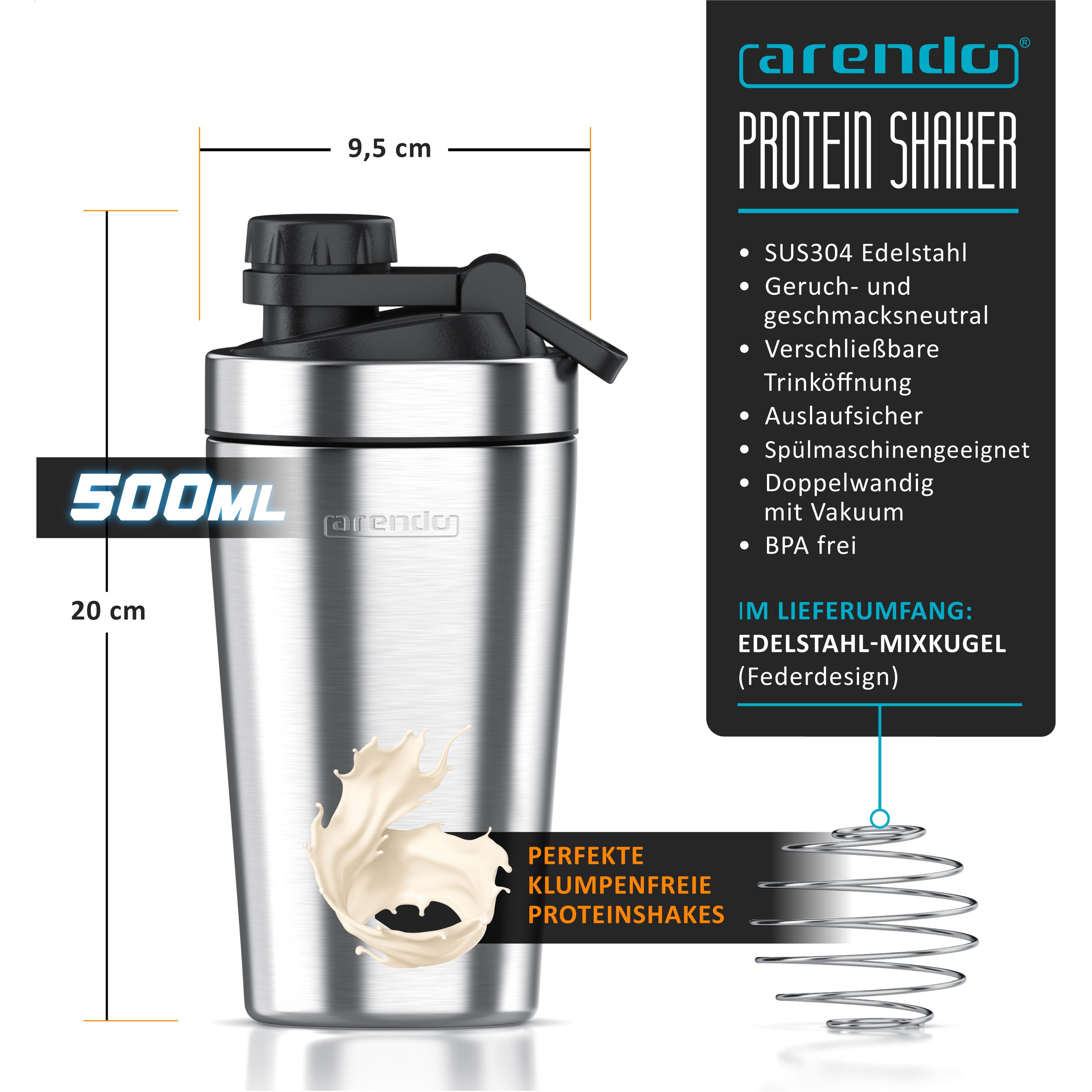 Arendo Protein Shaker Edelstahl Eiweißshaker 500 ml, verschließbar, bruchfest, BPA-frei, Edelstahl, auslaufsicher, spülmaschinengeeignet, mit Tragegriff und Mixball