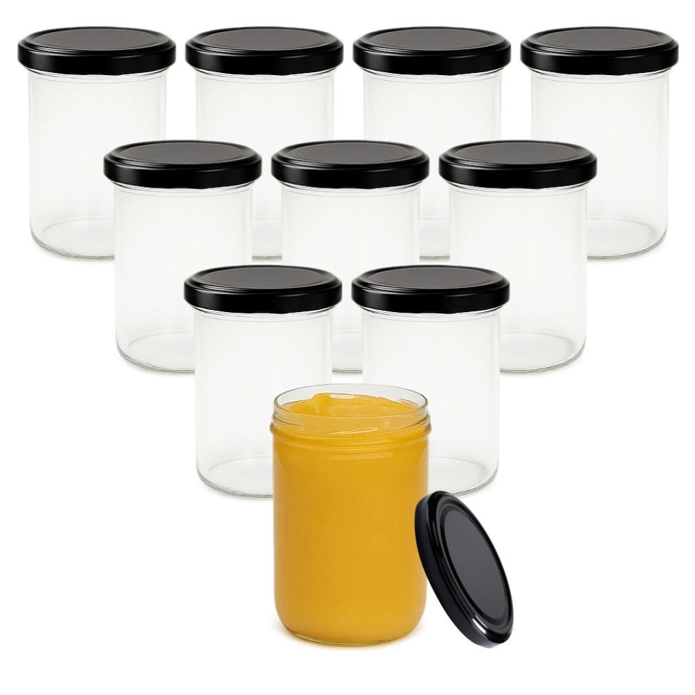 mikken Einmachglas 10x Einmachglas 435 ml mit Deckel und Beschriftungsetiketten, (10er Set mit Etiketten), verschiedene Deckelfarben