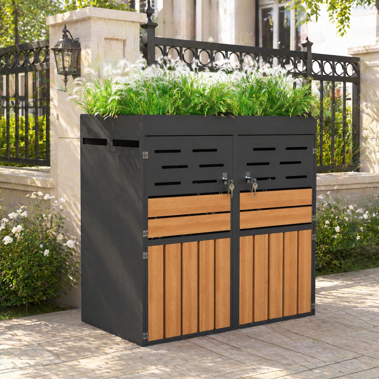 KLAM HOME Mülltonnenbox Außenschrank mit Pflanzkasten, verzinkter Stahl wetterfest (Gartenschrank 66x80x128cm mit Belüftung & Sicherungskette), 2-in-1 Gartenschrank abschließbar platzsparend & dekorativ