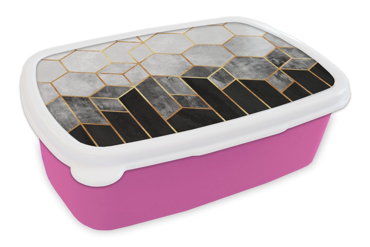 MuchoWow Lunchbox Gold - Sechseck - Chic - Muster - Luxus, Kunststoff, (2-tlg), Brotbox für Erwachsene, Brotdose Kinder, Snackbox, Mädchen, Kunststoff rosa