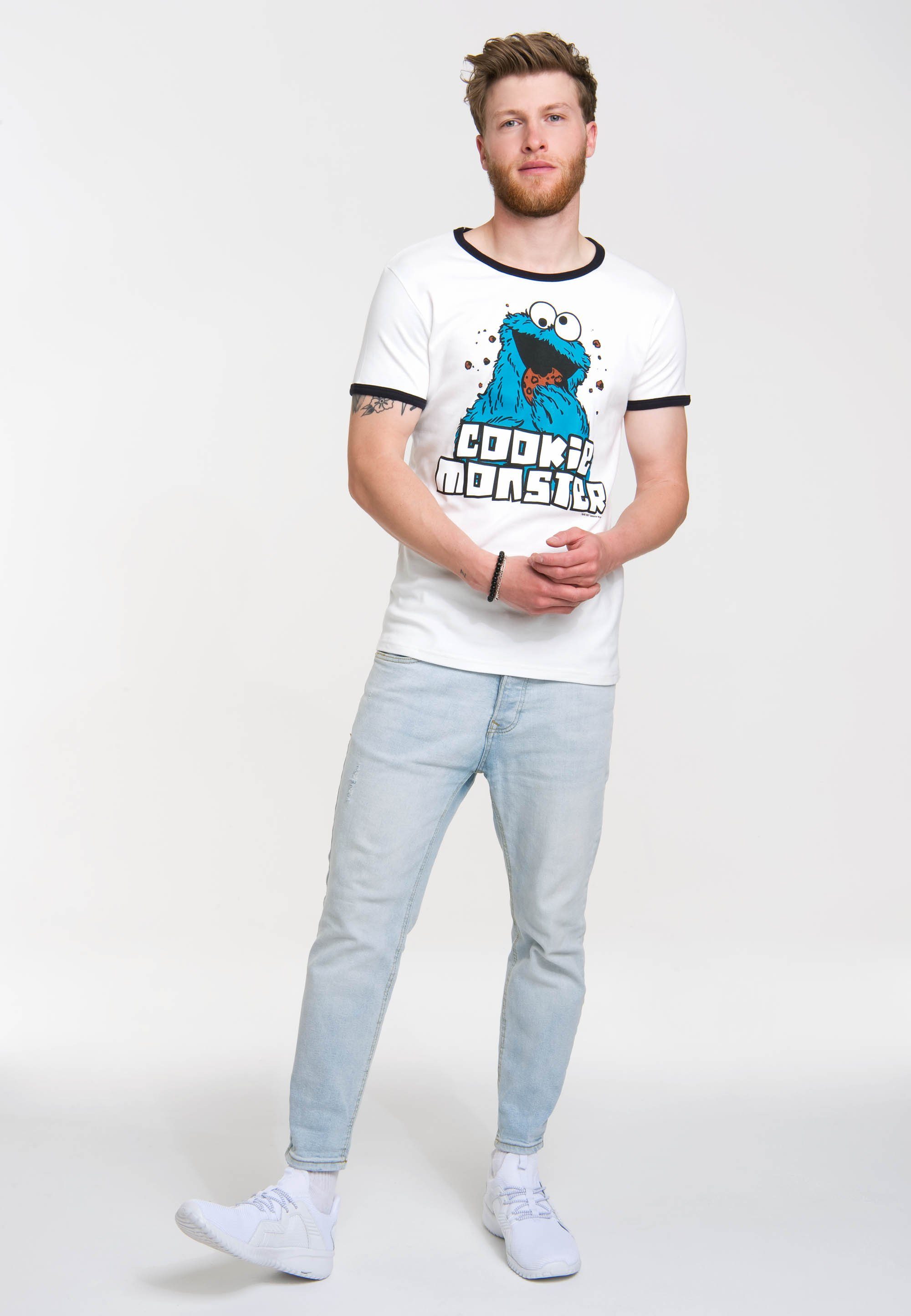 weiß Monster farblich LOGOSHIRT abgesetzten mit Bündchen T-Shirt Cookie