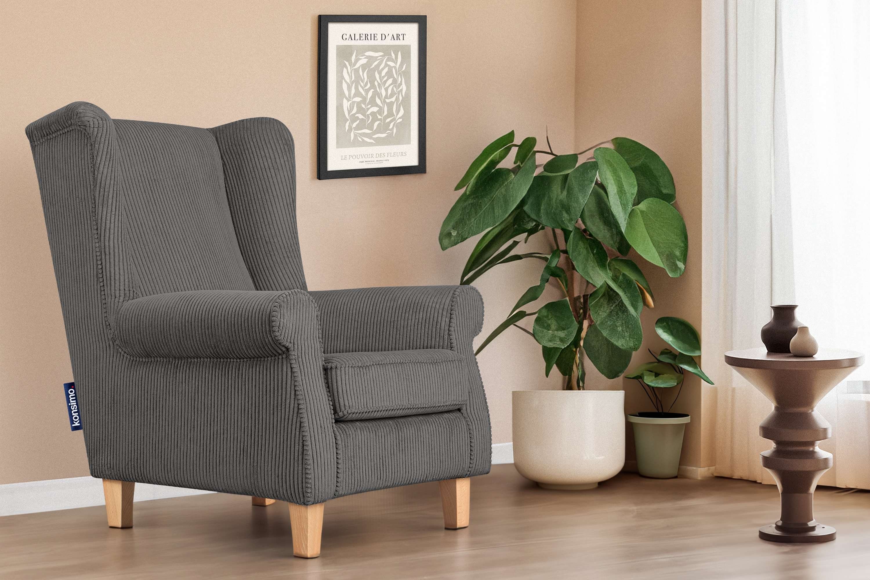 KONSIMO® Ohrensessel MILES Gepolsterter Sessel, mit Armlehnen, Massivholzbeine