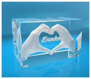 VIP-LASER Dekofigur 3D Glasquader I Herz aus Händen mit Gravur I Text: Danke, Hochwertige Geschenkbox, Made in Germany, Familienbetrieb