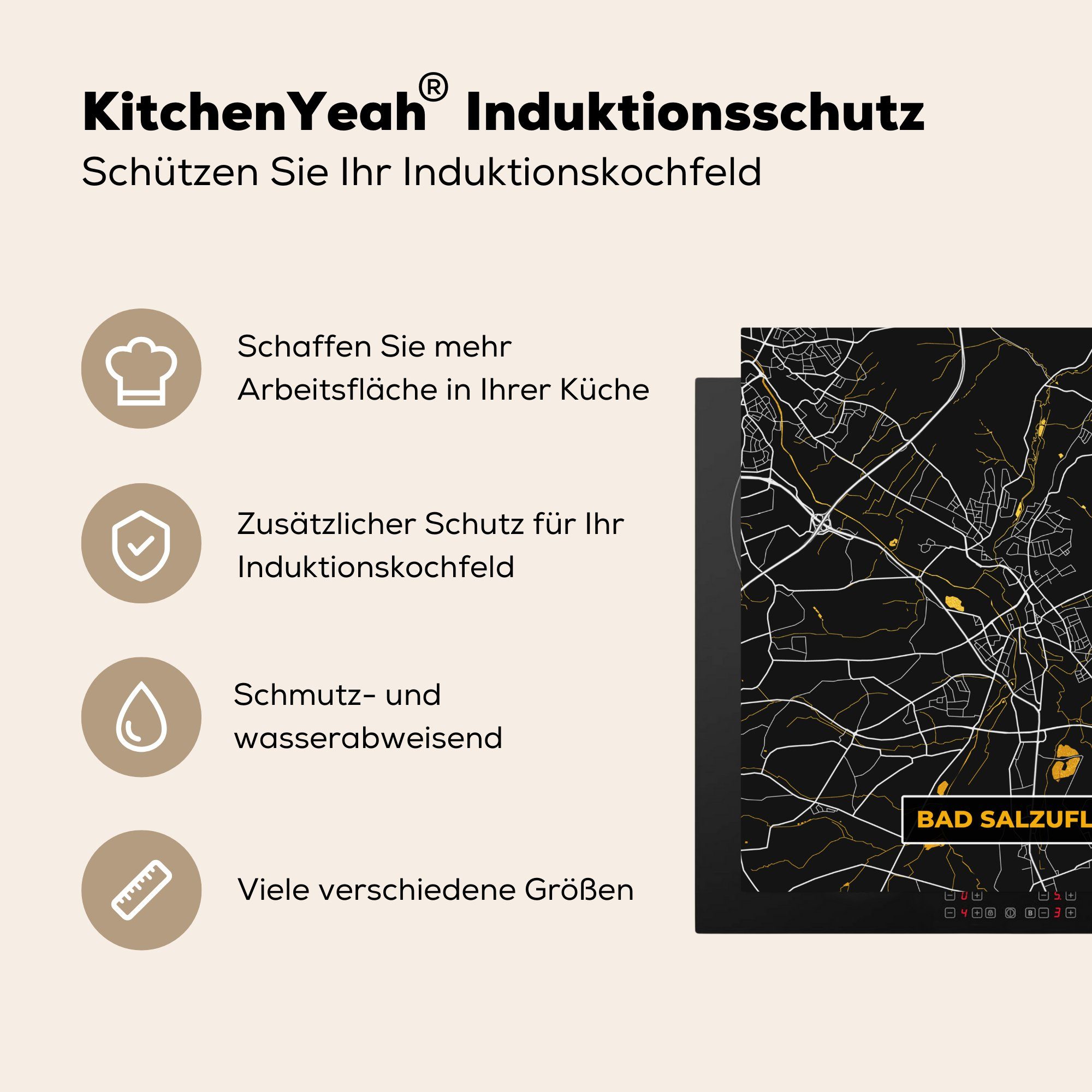 Deutschland - - küche Gold Herdblende-/Abdeckplatte MuchoWow - (1 für - Karte Salzuflen tlg), Stadtplan Arbeitsplatte Karte, Bad cm, - Ceranfeldabdeckung, Vinyl, 78x78
