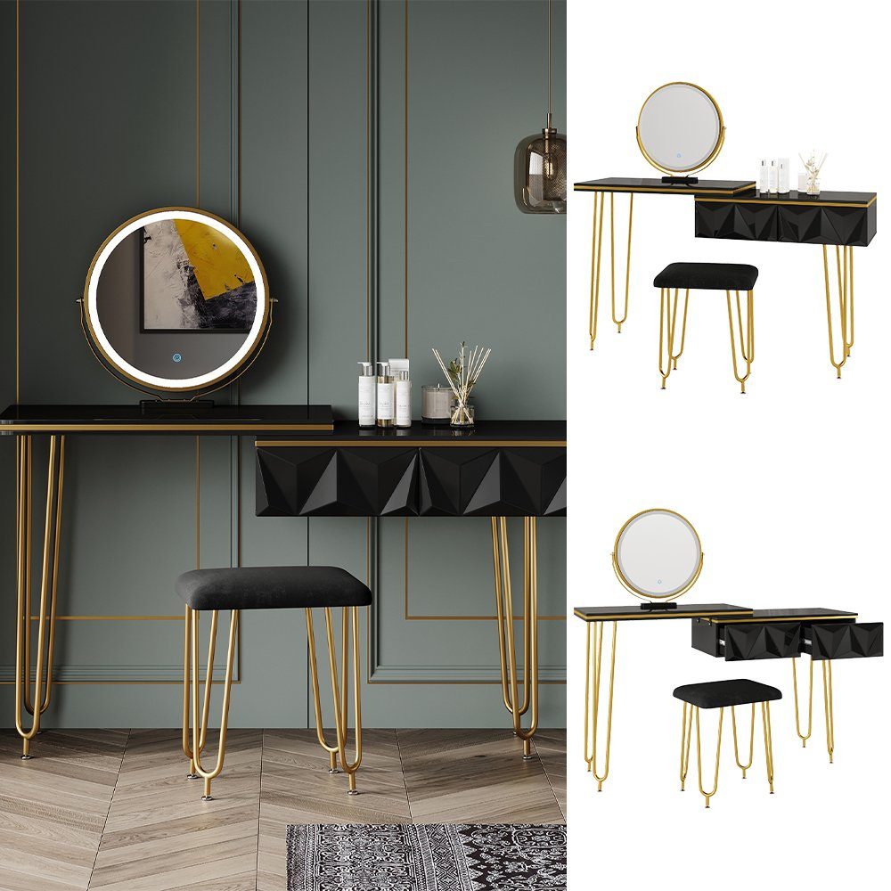 Vicco Schminktisch Bella, Schwarz Hochglanz, 120 cm mit LED Spiegel und Hoc günstig online kaufen