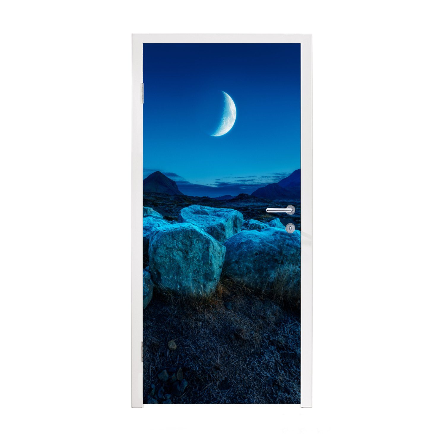 MuchoWow Türtapete Mond - Berg - Blau, Matt, bedruckt, (1 St), Fototapete für Tür, Türaufkleber, 75x205 cm