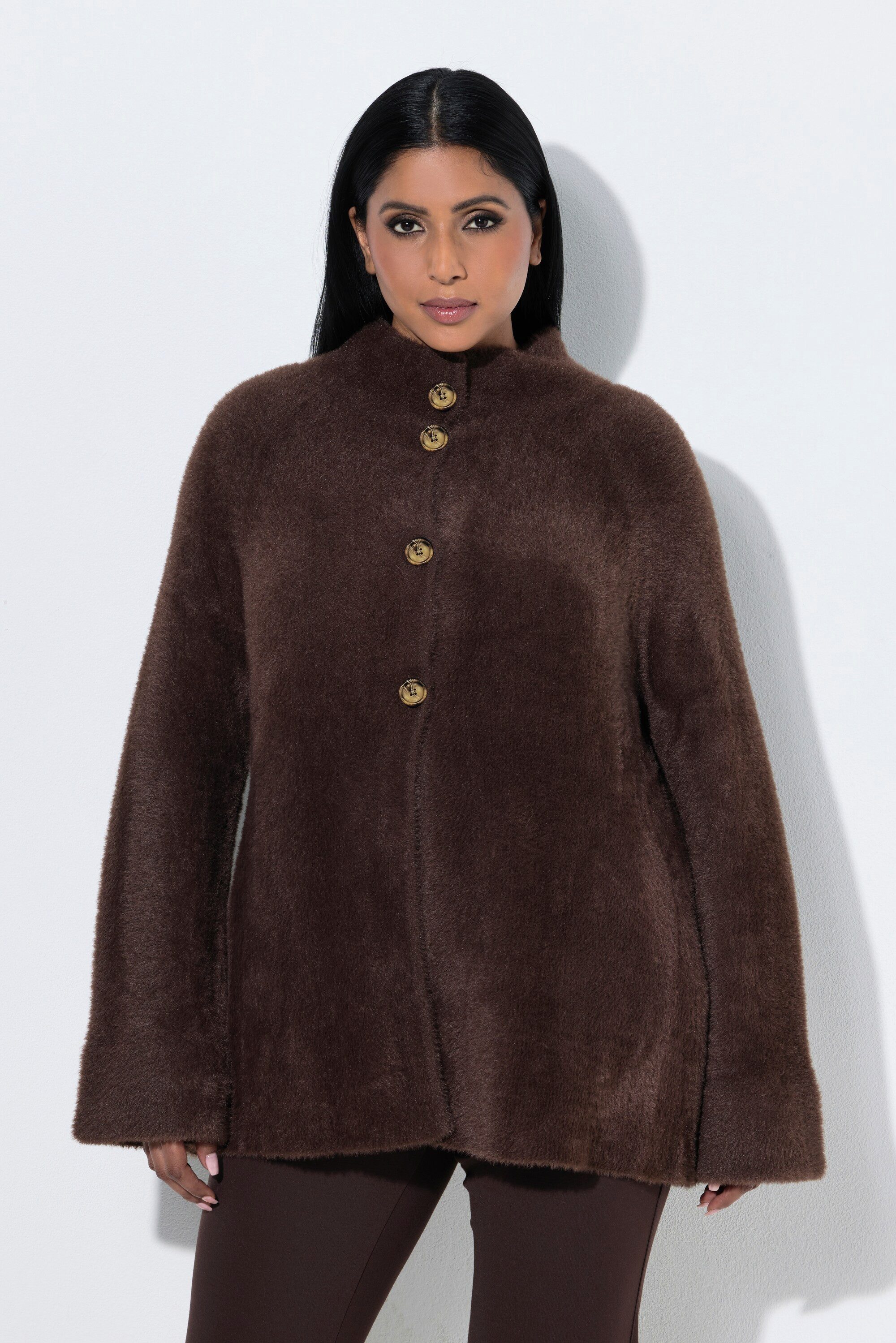 Ulla Popken Strickjacke Flausch-Strickjacke A-Linie Stehkragen Langarm