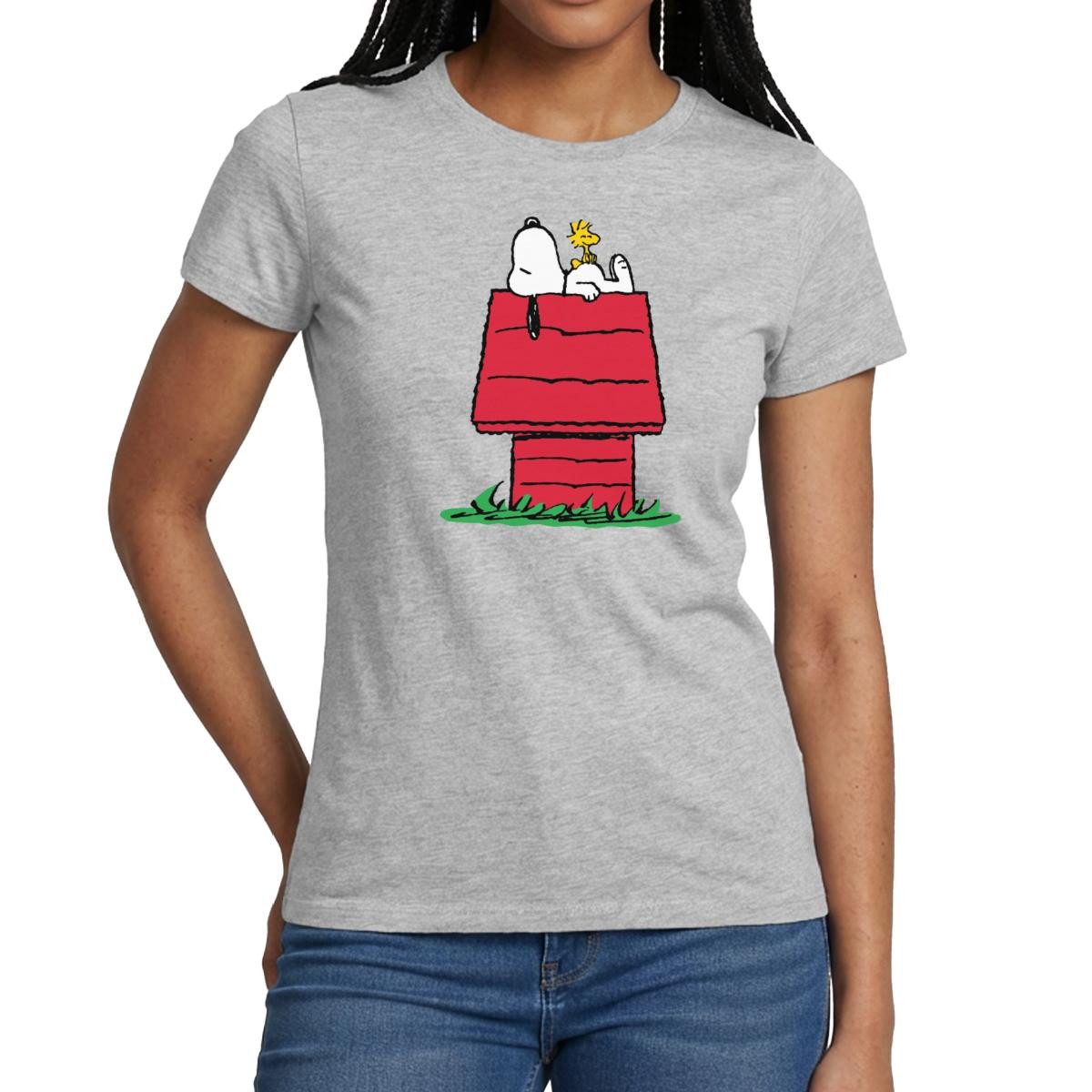 Spreadshirt T-Shirt Peanuts Snoopy Und Die Hundehütte Frauen T-Shirt (1-tlg) Slim Fit, fällt klein aus