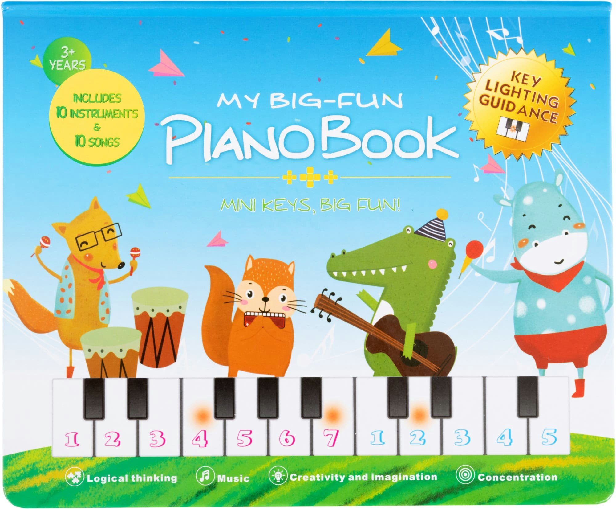 FunKey Spielzeug-Musikinstrument Musikbuch mit Leuchttastenkeyboard, mit Aufnahme- und Follow-Funktion - 10 Klänge und 10 Lieder