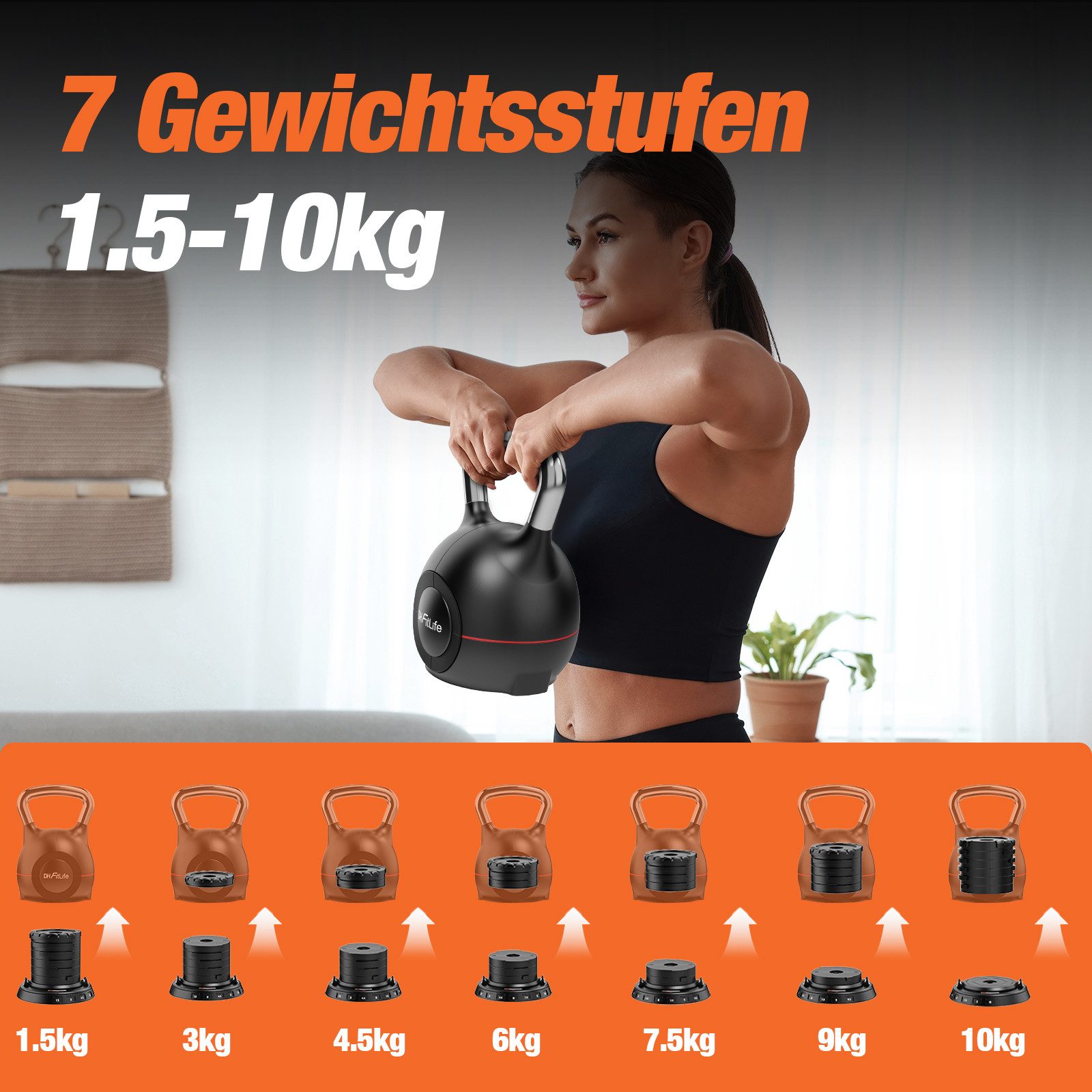 DH FitLife Kettlebell 7-in-1 Verstellbare Kugelhantel, (Set, 1.5–10kg), 7 Gewichtsstufen, Kompakt & Platzsparend