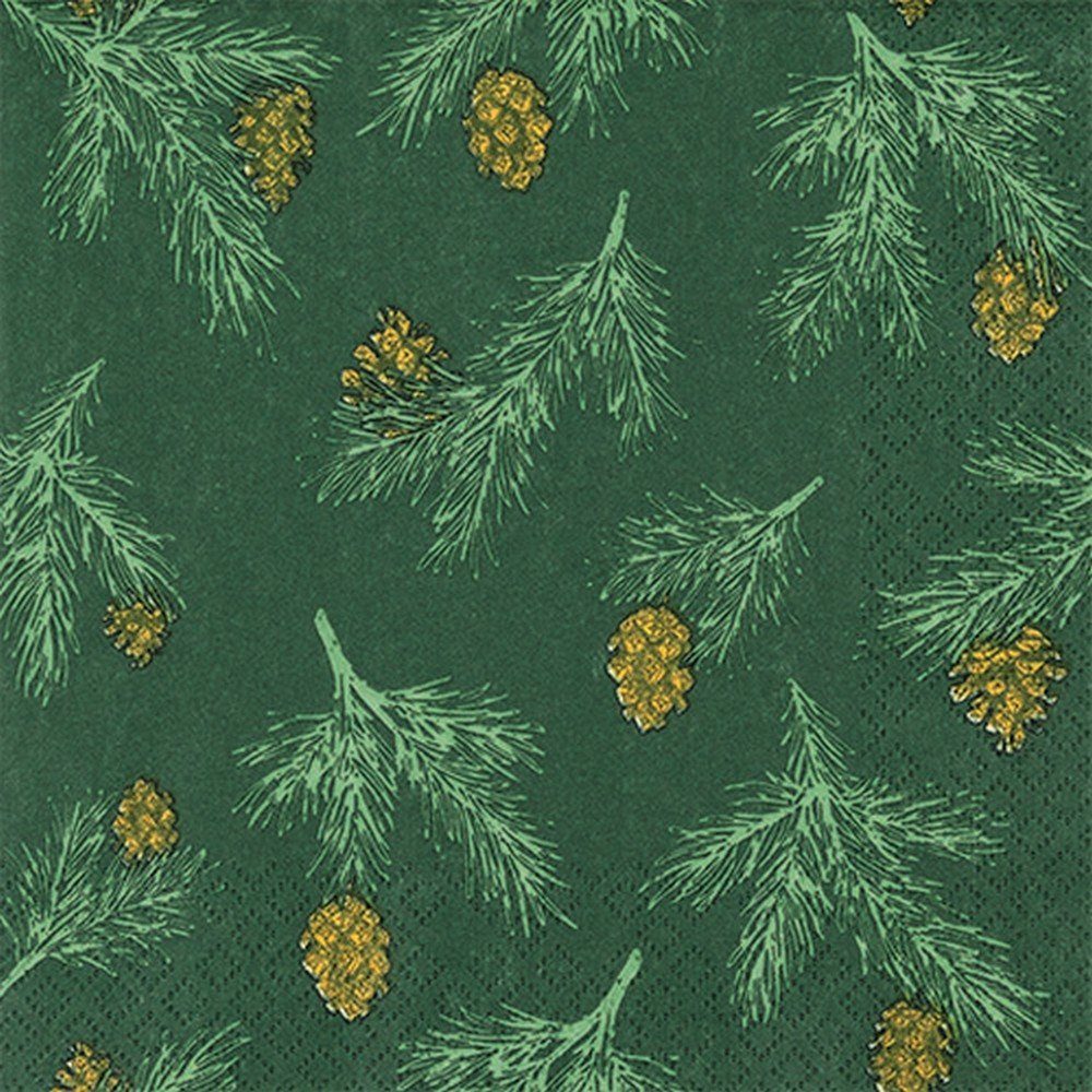 HOME FASHION Papierserviette 20 Servietten Pine Cones green - Zweige mit Zapfen dunkelgrün 33x33cm, (20 St)