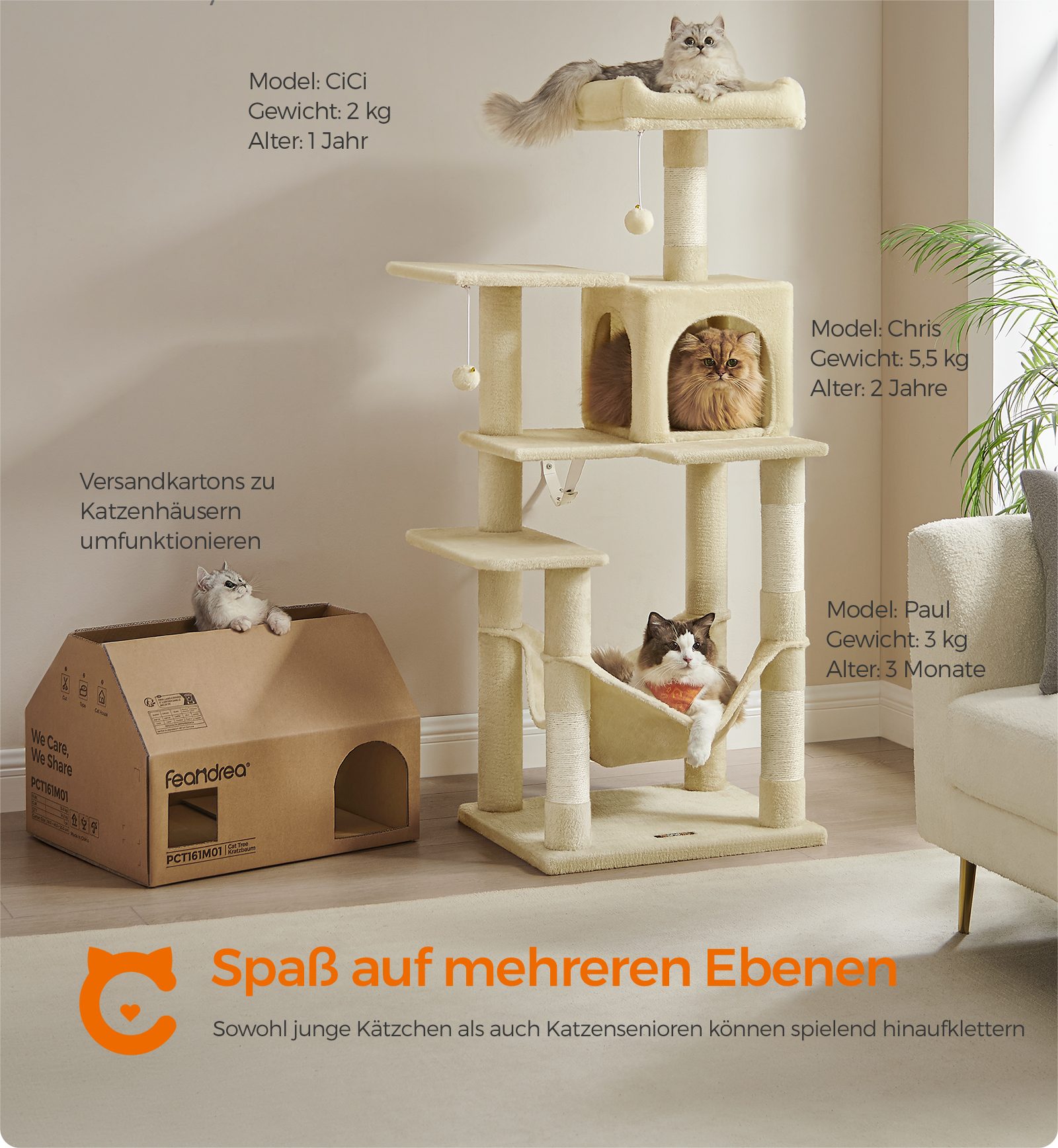 FEANDREA Kratzbaum, Katzenbaum, mit Hängematte und 1 Höhle, 143 cm, stabile günstig online kaufen