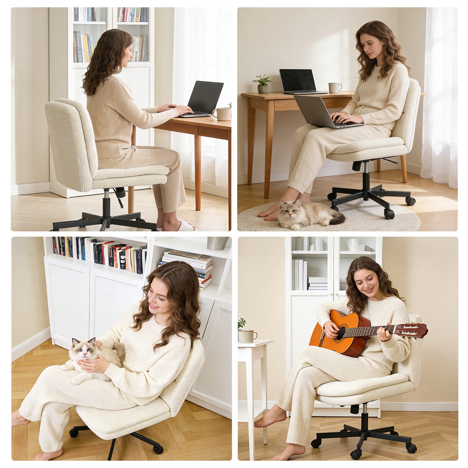 Durrafy Drehstuhl Bürostuhl aus Samt, drehbar, mit Rollen, ohne Armlehnen, Rückenlehne & Sitzkissen doppelt gepolstert, bis 160 kg belastbar