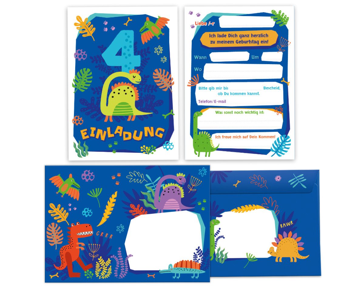 JUNAPACK Einladungskarten Dinosaurier Einladungen zum 4. Geburtstag Umschlägen für Kinder Tiere, Einladungskarten mit Umschlägen zum vierten Geburtstag Dinos