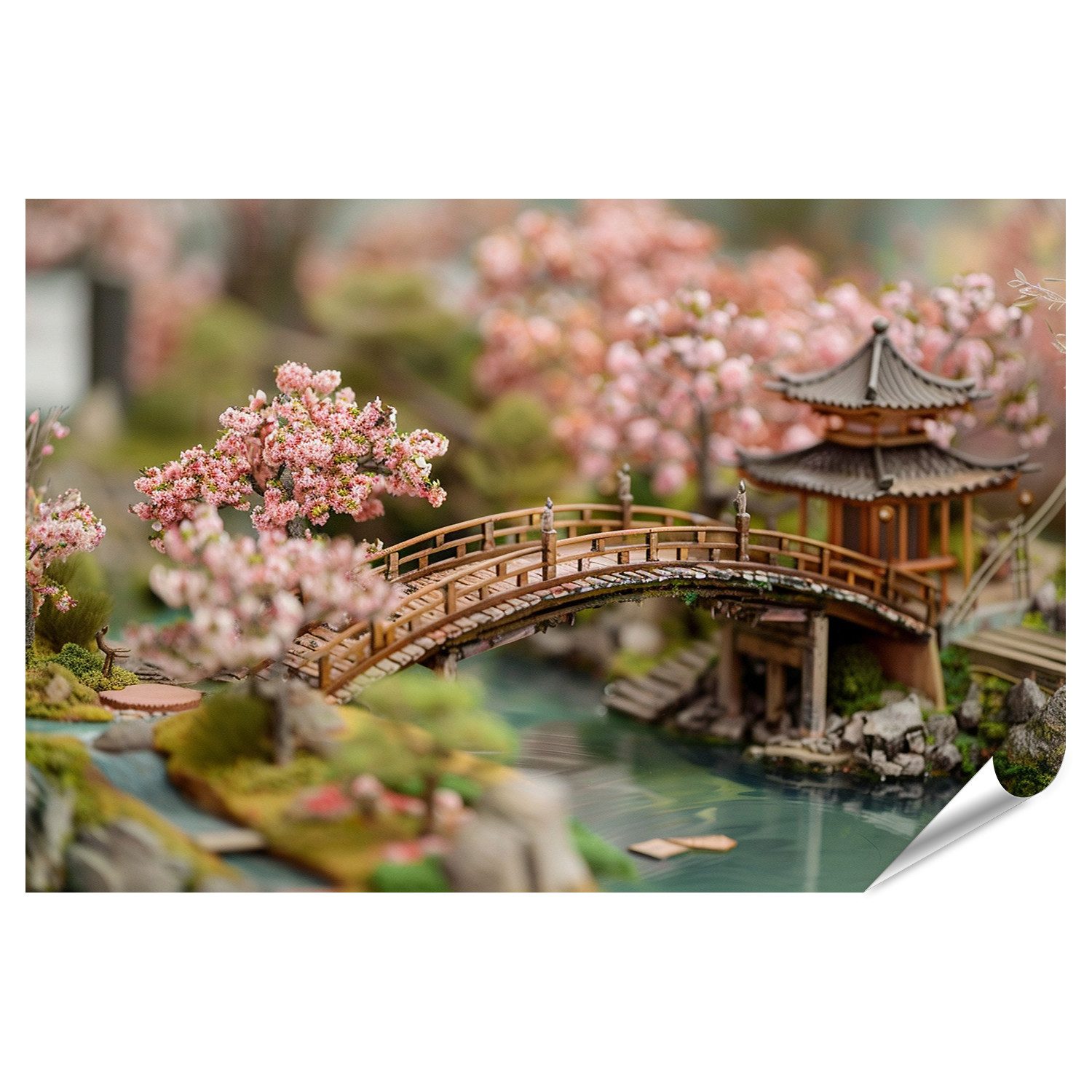 islandburner Poster Miniatur japanischer Garten mit Holzbrücke, Pagode und Kirschblütenbä