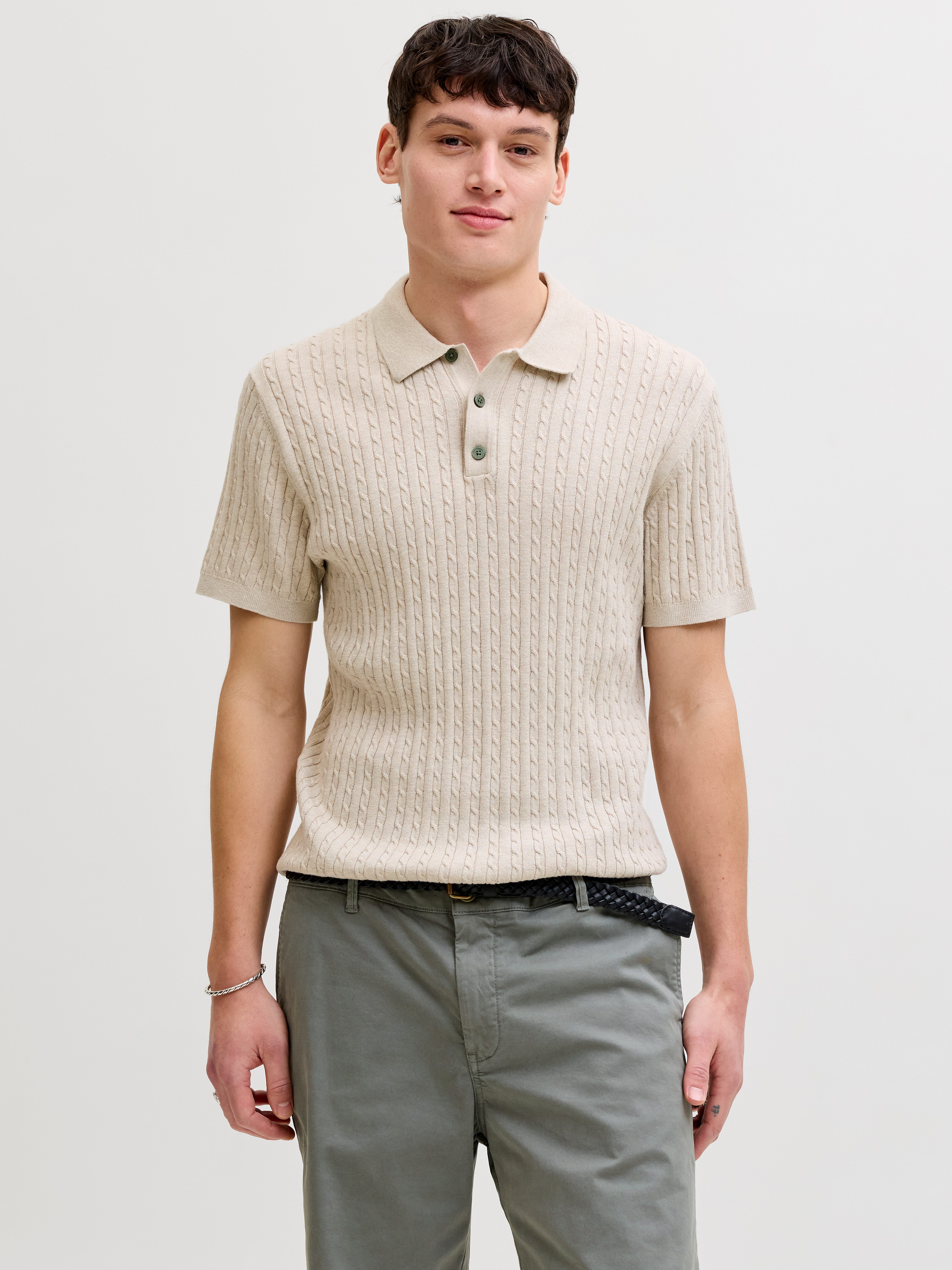 Jack & Jones Polokragenpullover JJEEMIL KNIT CABLE POLO SS LN mit Polokragen