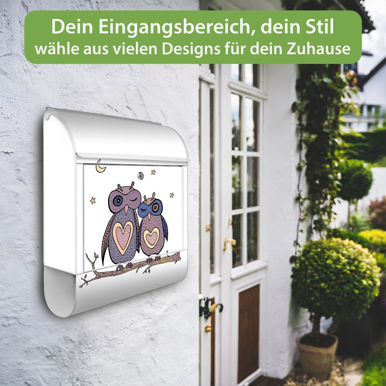 banjado Wandbriefkasten Weiß Stahl mit Motiv Verliebte Eulen (Wandbriefkasten witterungsbeständig, pulverbeschichtet, mit Zeitungsfach), 47 x 39 x 14 cm
