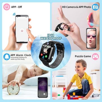 JUBUNRER Smartwatch (SIM Karte), Telefonuhr Wasserdicht IP68 Armbanduhr Junge Spiele Wecker SOS Armband