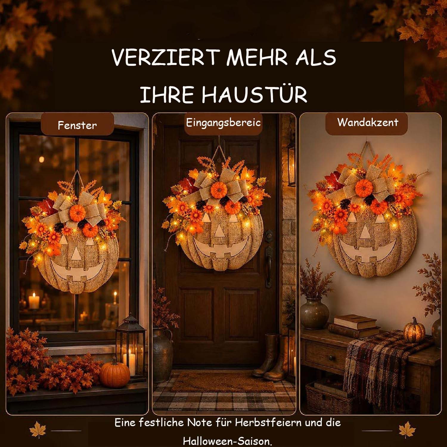 Kunstkranz Beleuchteter Sackleinen-Kürbiskranz, ferngesteuerte Halloween, Bomiclss – Bild 5 von 5