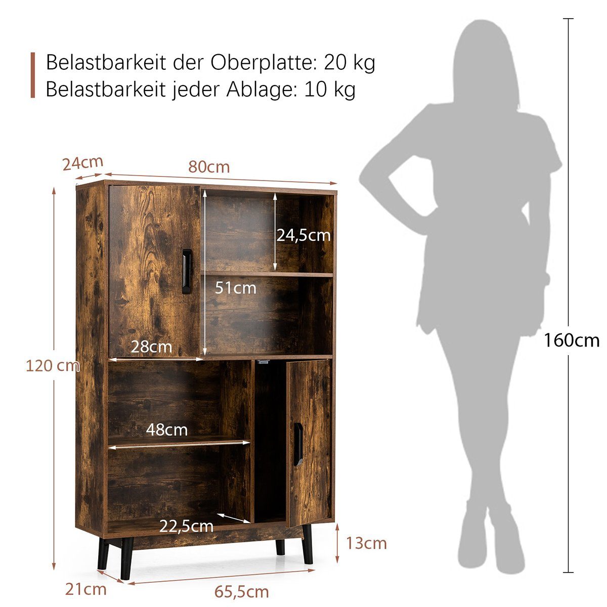2 80x24x120cm Kippsicherung, & Kaffee Regalen, Türen mit COSTWAY Bücherregal, Holz, 4