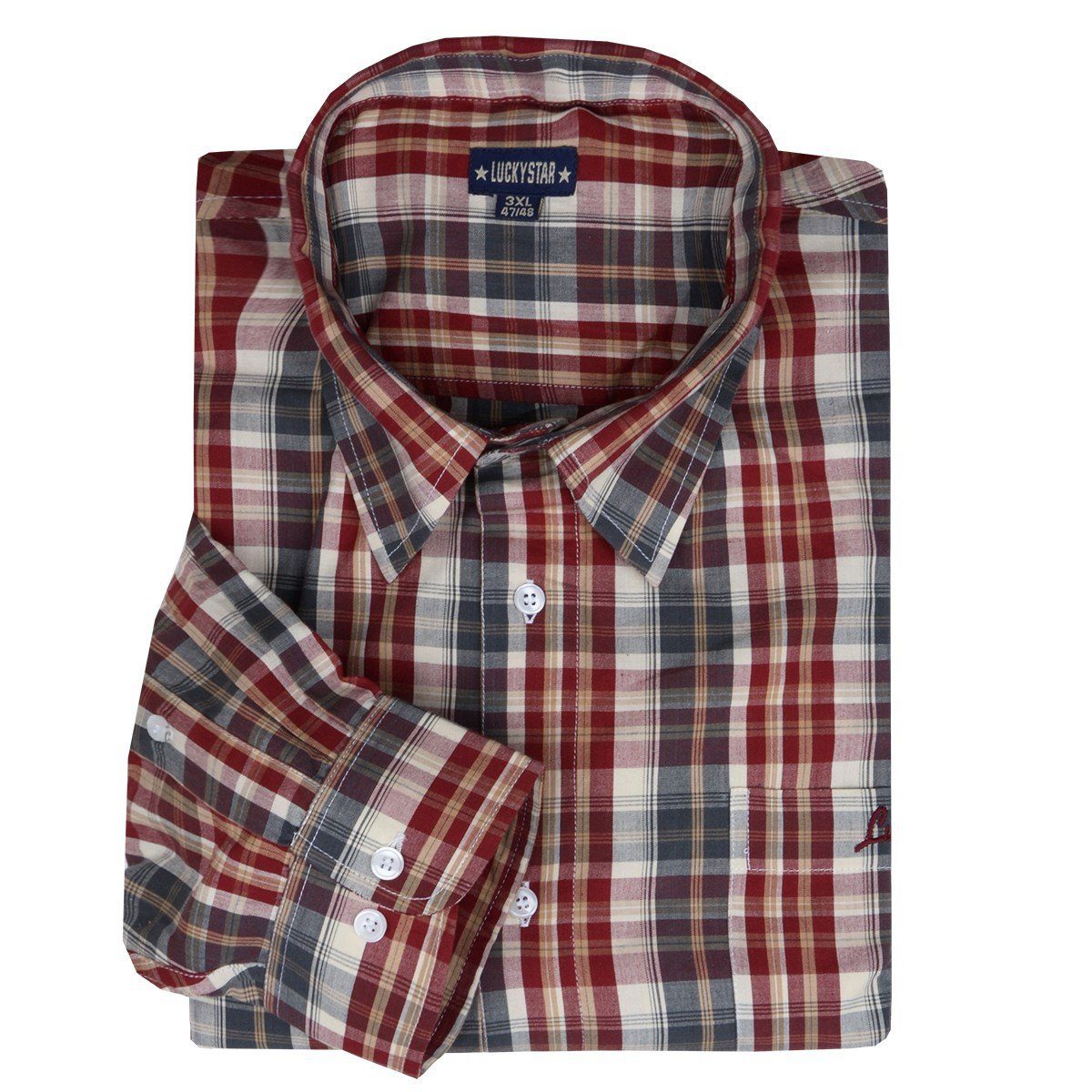 Lucky Star Langarmhemd Kurzgrößen Herrenhemd Langarm anthrazit-dunkelrot-beige Lucky Star