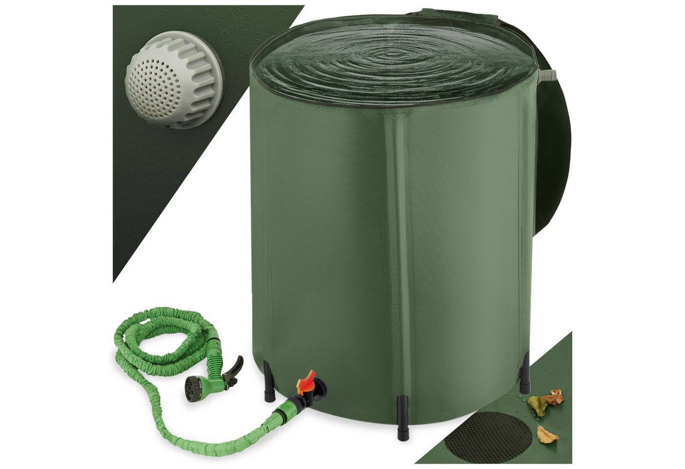 tectake Regentonne Faltbare Wassertonne mit abnehmbarer Oberseite und Überlaufschutz, 200 l, (Regenwassertank, in grün), wetterbeständig, mit Wasserhahn und praktischem Wassereinlassgitter