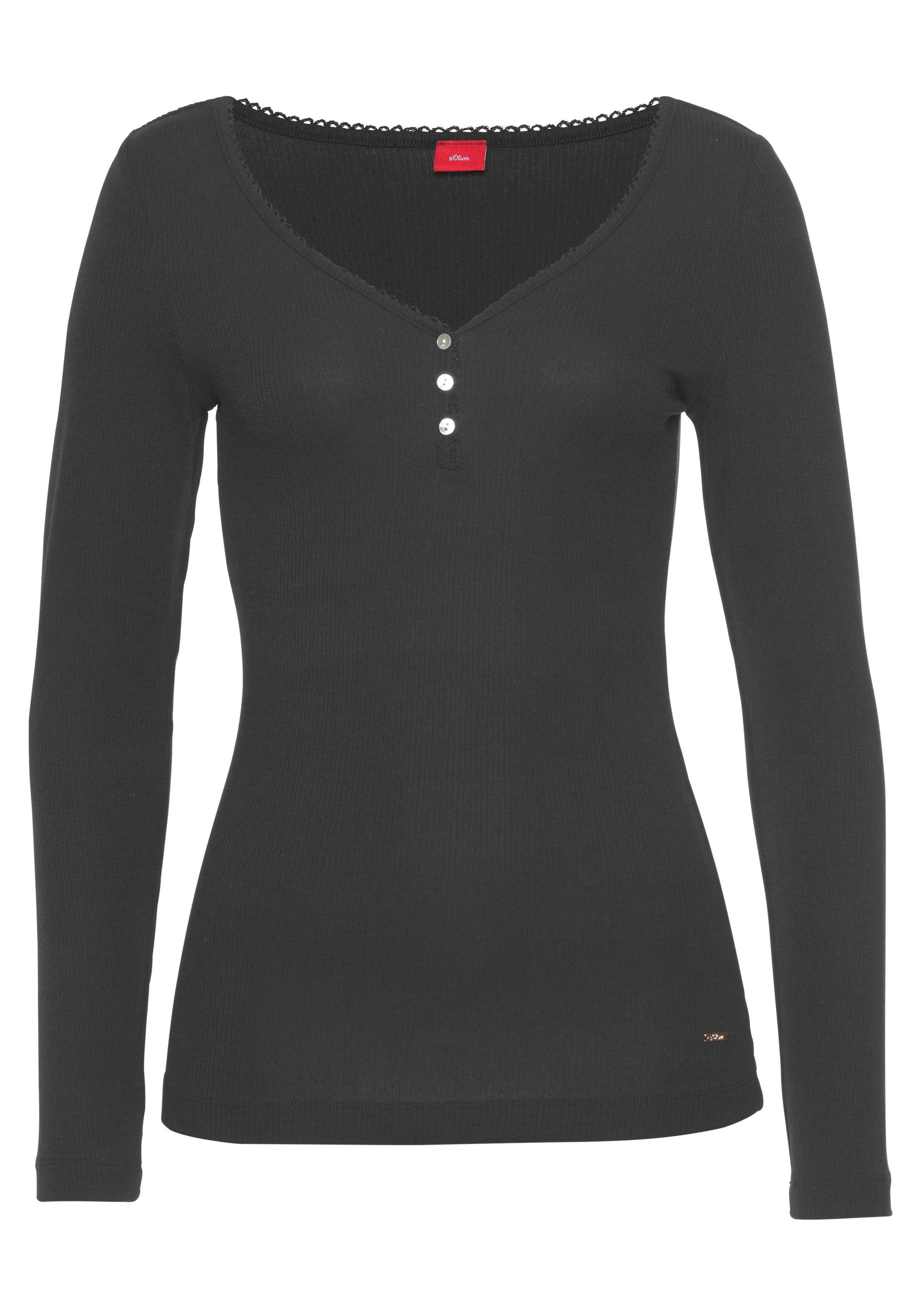 geripptem schwarz Langarmshirt Zier-Knopfleiste Stoff mit aus s.Oliver