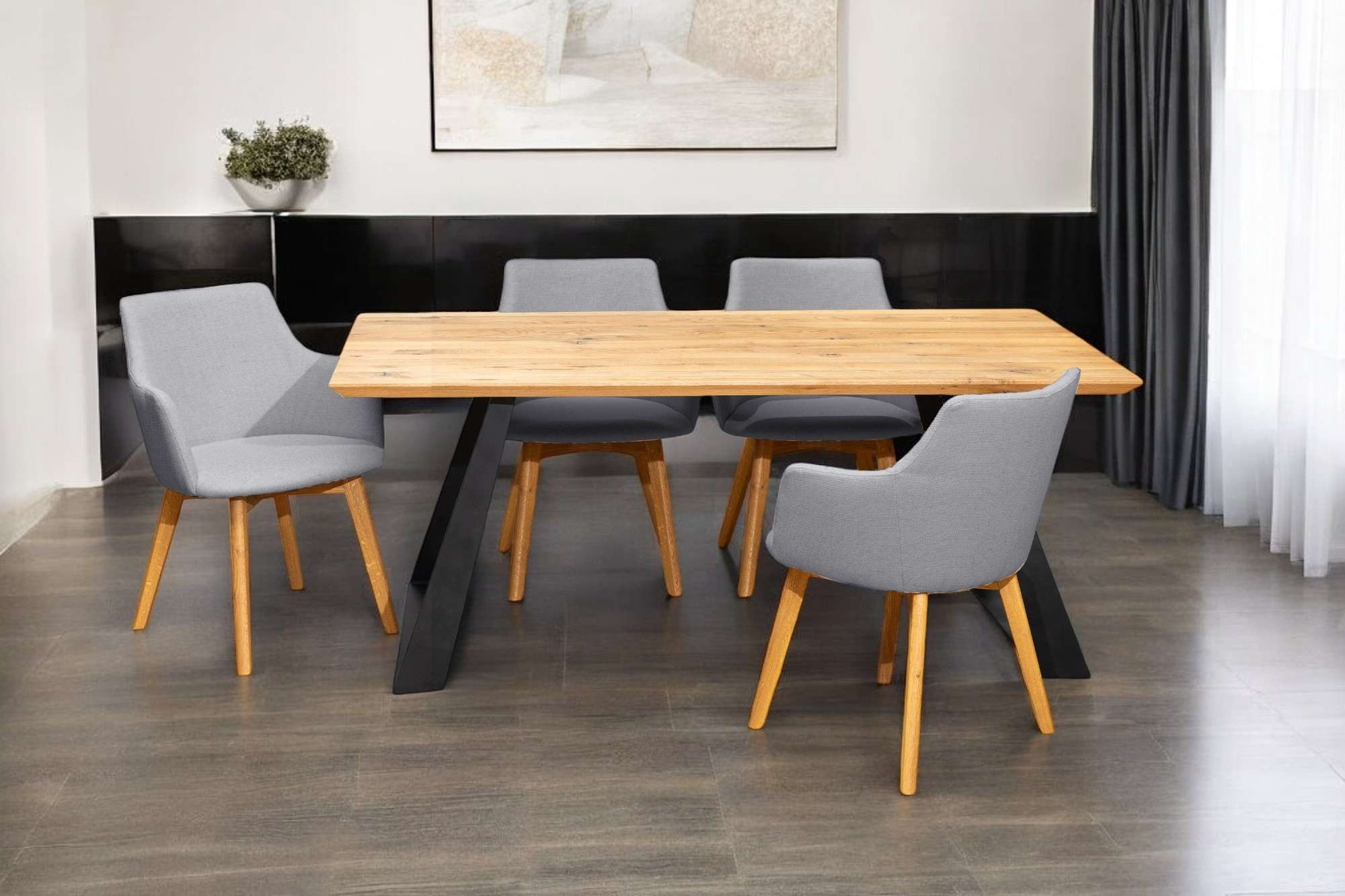 Home affaire Essgruppe Ena Sitzgruppe für Küche/Esszimmer, Esstisch mit 4 Polsterstühlen 5tlg, (Set, 5-tlg., 5-tlg), Stuhlbeine in Eiche Natur oder Buche Schwarz, Tisch 180 cm, U-Gestell