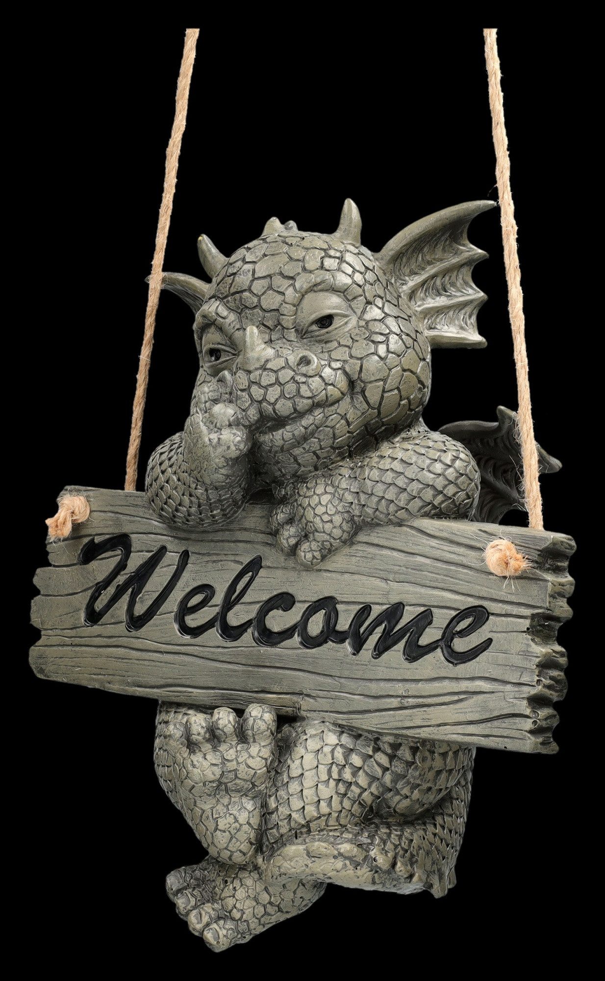 Figuren Shop GmbH Gartenfigur Gartenfigur Drache zum Hängen - Welcome - Garten Dekofigur Dekoration