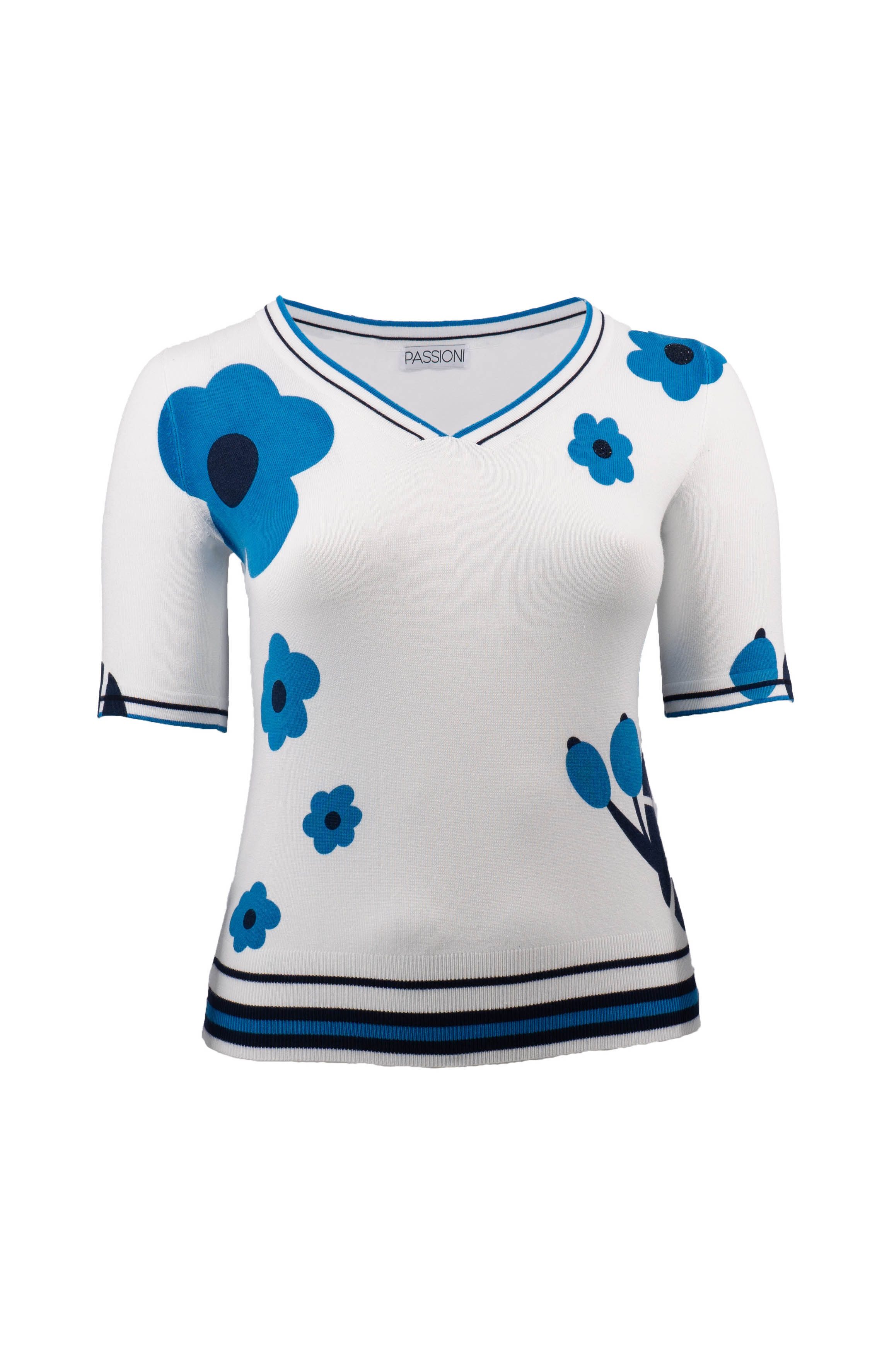 T-Shirt Blumen-Print und Streifendetails