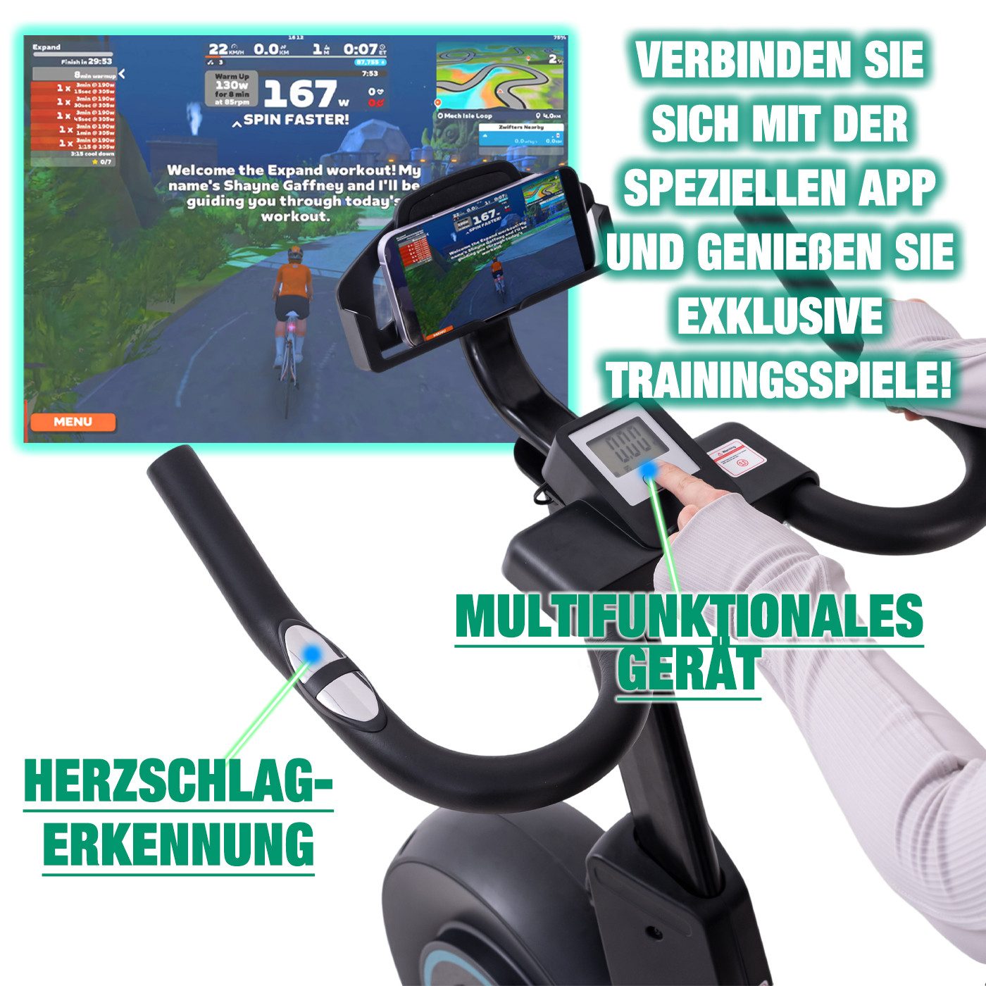 CITYSPORTS Heimtrainer mit Trainingsspiel-App, X-BIKE,Fitnessbike, max 120kg, Leise magnetischer Widerstand,LED-Stimmungsbeleuchtung