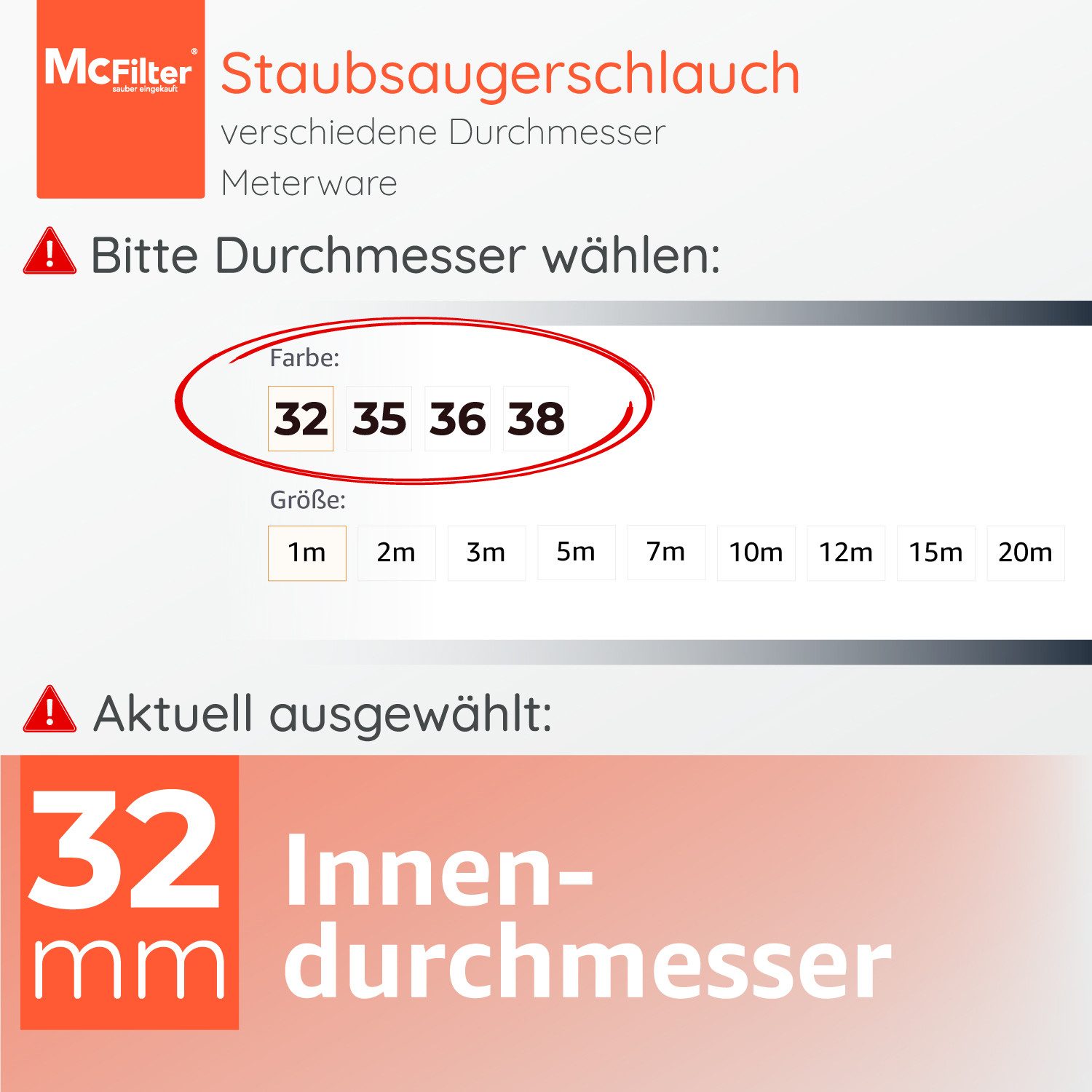 McFilter Staubsaugerschlauch Ø 32/35/36/38 mm Meterware, Zubehör für AEG, Bosch, Einhell, Festool, Kärcher, Makita, Nilfisk, Parkside, Siemens, leicht, flexibel, formstabil