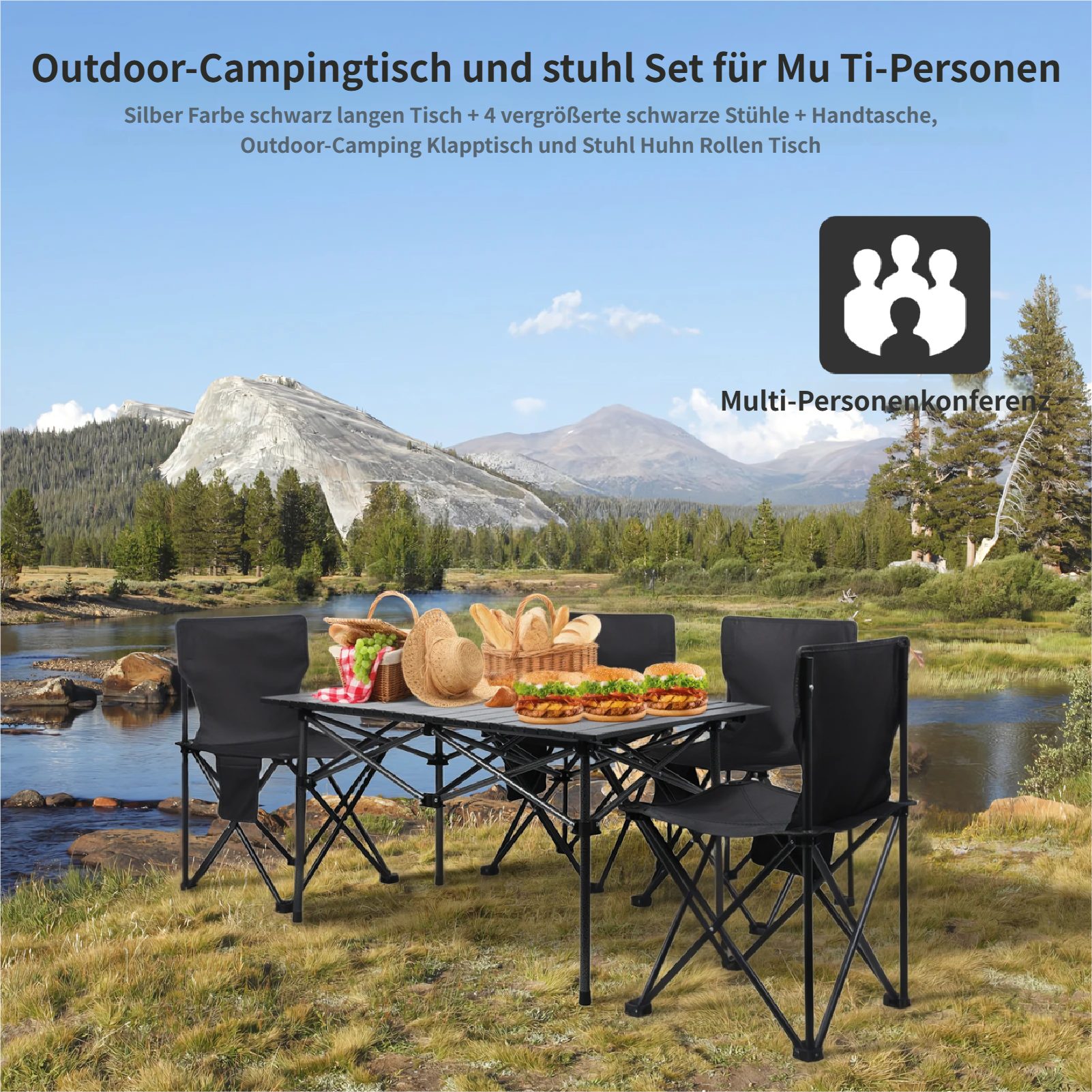 Rutaqian Campingtisch Klapptisch Reisetisch mit 4xStuhl,Campingtisch-Set für 4-6 Personen (Klapptisch mit Stühlen, 1-St., 1x Campingtisch, 4x Stühle), Faltbaren Essgruppe mit Stühlen Für den Innen Außenbereich