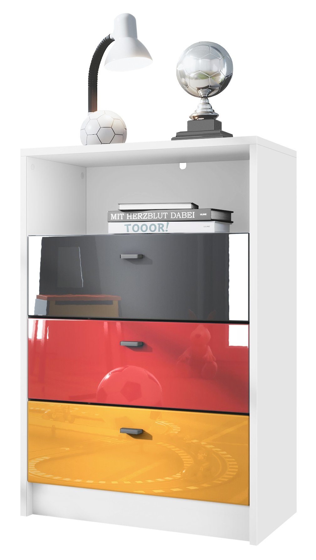 Vladon Kommode Pino V2 (Anrichte, mit 3 Schubladen), Fußball Deutschland - Schwarz, Rot & Gold Hochglanz (56x86,5x36 cm)