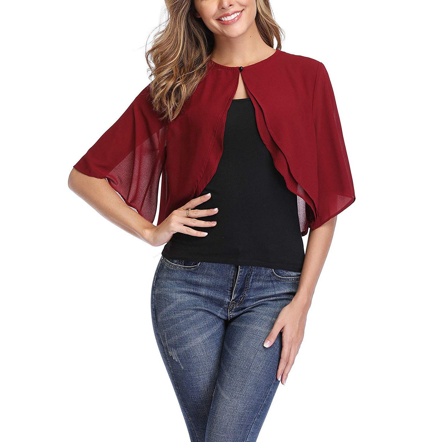 Zaewry Bolero Damen-Bolero aus Chiffon,3/4-Arm,Chiffon Coverup,Fließend,zart,luftig Geeignet für elegante Dinner-Anlässe