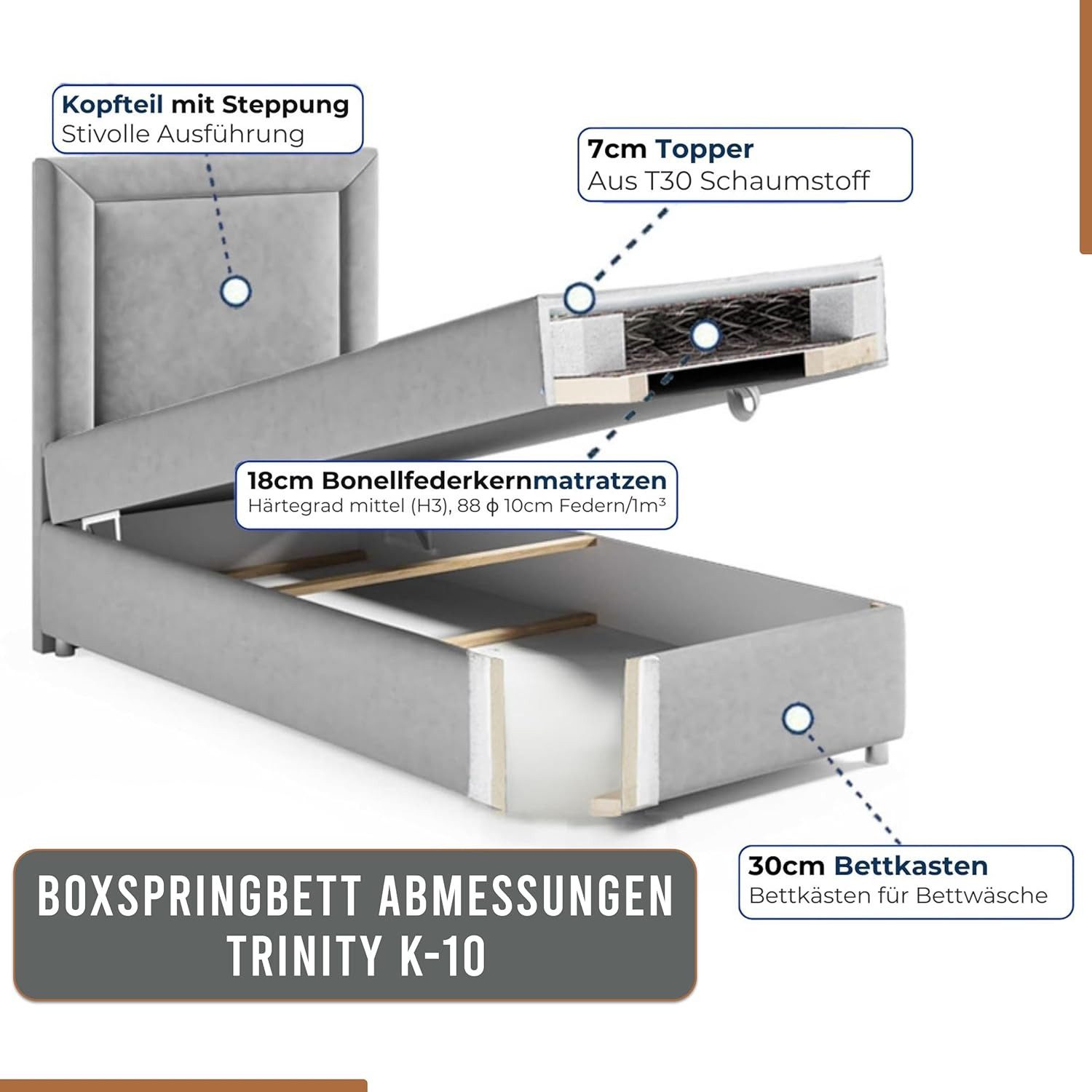Best for Home Boxspringbett mit Bettkasten Trinity K-10 SINGLE Bonell-Matratze, Komfort Topper (Einzelbett, Polsterbett mit gepolstertes Kopfteil, Jugendbett, Kinderbett versch. Größen, 70x200 80x200 90x200 100x200 cm), Handwerksqualität, TOP Preis-Leistungs-Verhältnis