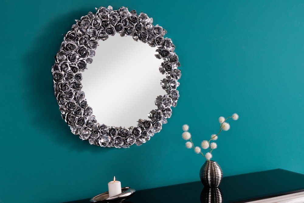 riess-ambiente silber · Handmade ROSES · 1-St), / Metall Wohnzimmer Wandspiegel 60cm (Einzelartikel, rund · · Dekoration Rahmen mit schwarz ·
