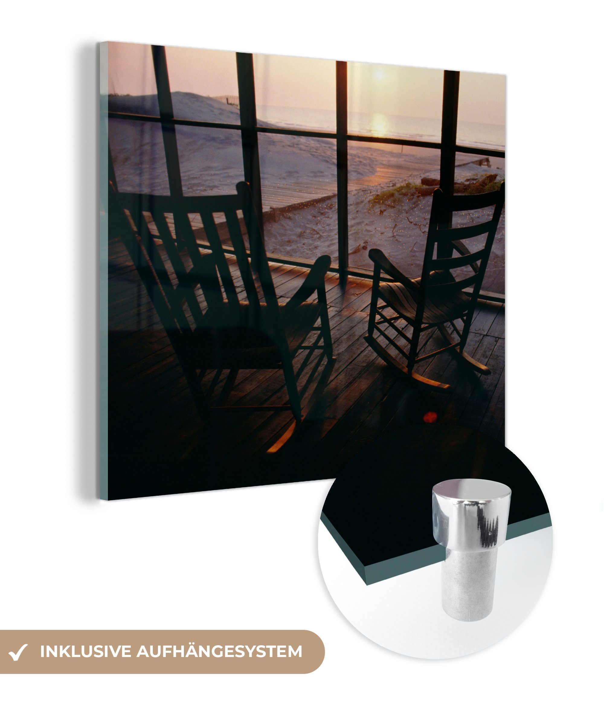 auf mit - Wandbild Stühlen, - (1 Foto auf Glas Wanddekoration Glas Glasbilder Acrylglasbild MuchoWow Bilder Strandhaus St), -