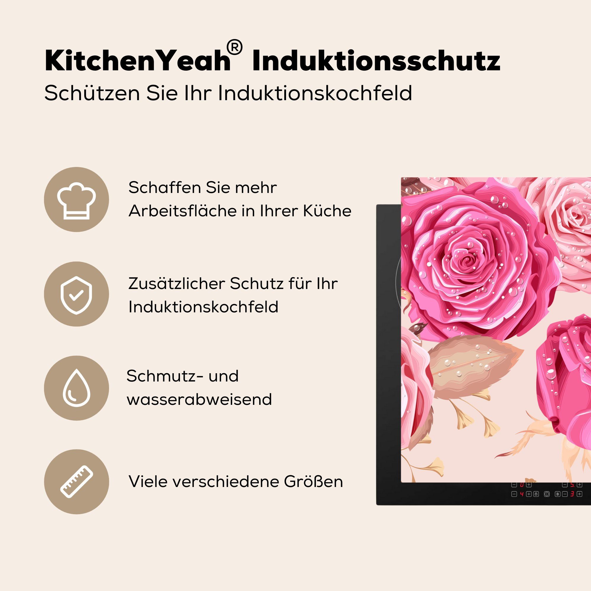 Induktionskochfeld Ceranfeldabdeckung Rosen - Schutz Vinyl, Blumen (1 - die MuchoWow tlg), cm, Herdblende-/Abdeckplatte 81x52 für Drops, küche,