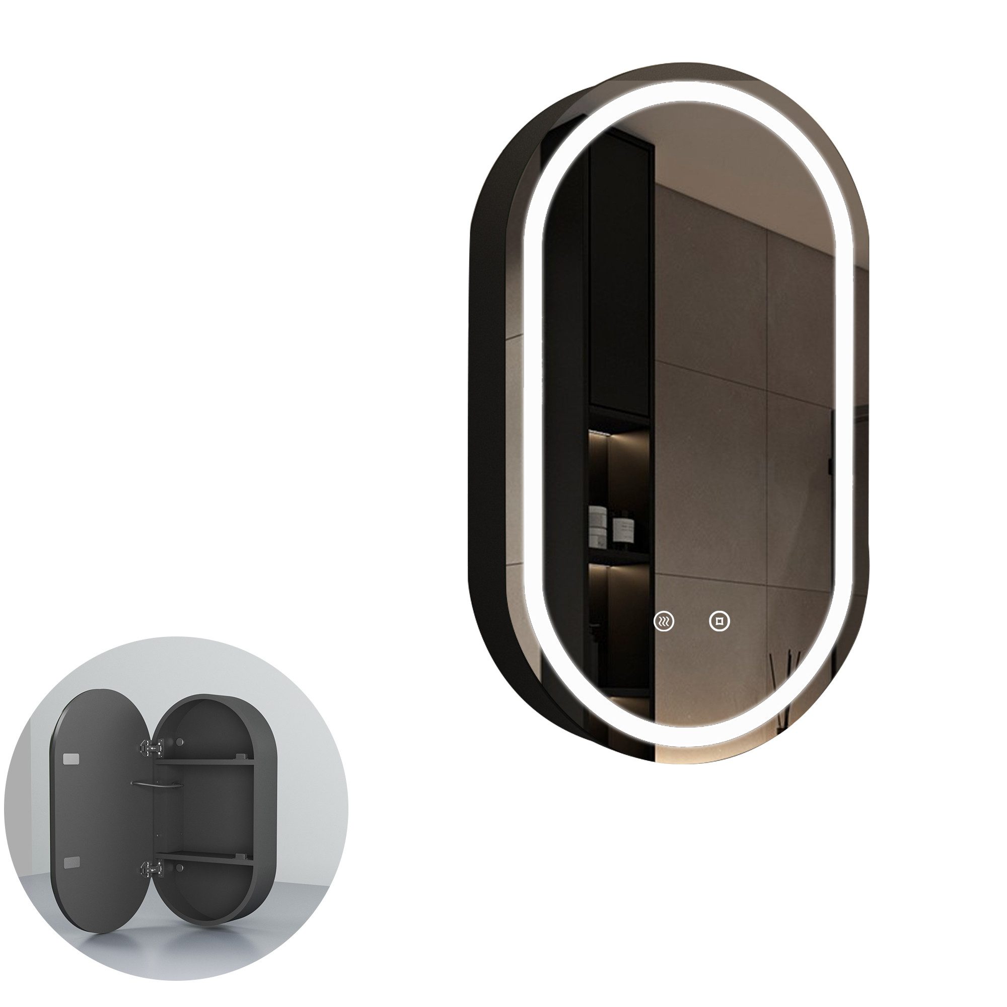 WDWRITTI Spiegelschrank Bad mit Beleuchtung Oval LED Badezimmerspiegelschrank Schwarz (Schrank 40x13x70cm mit 3Lichtmodi, Anti-fog, Helligkeit einstellbar) Speicherfunktion