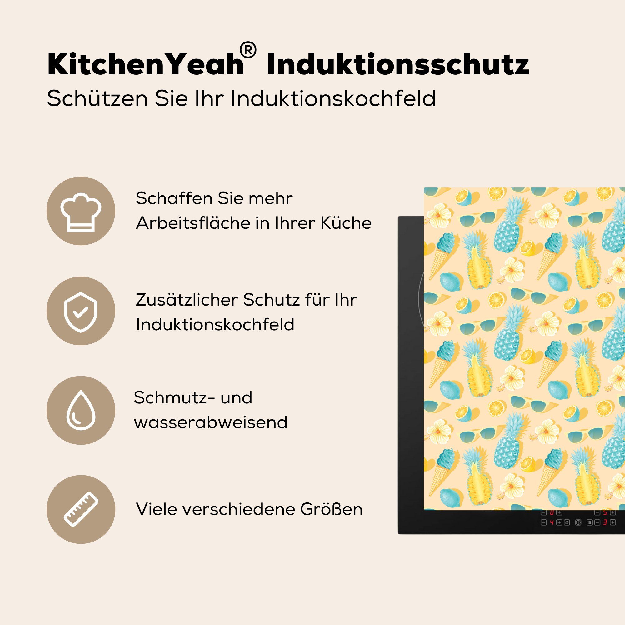 MuchoWow Herdblende-/Abdeckplatte Sommer für Ananas, 78x78 Muster - - (1 küche tlg), Arbeitsplatte Vinyl, Ceranfeldabdeckung, cm