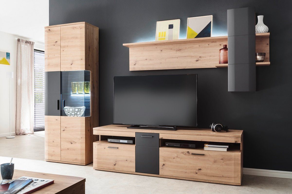 MCA furniture Wohnwand Wohnwand Anbauwand Cortona, Balkeneiche / anthrazit, 3-teilig, (3-St)