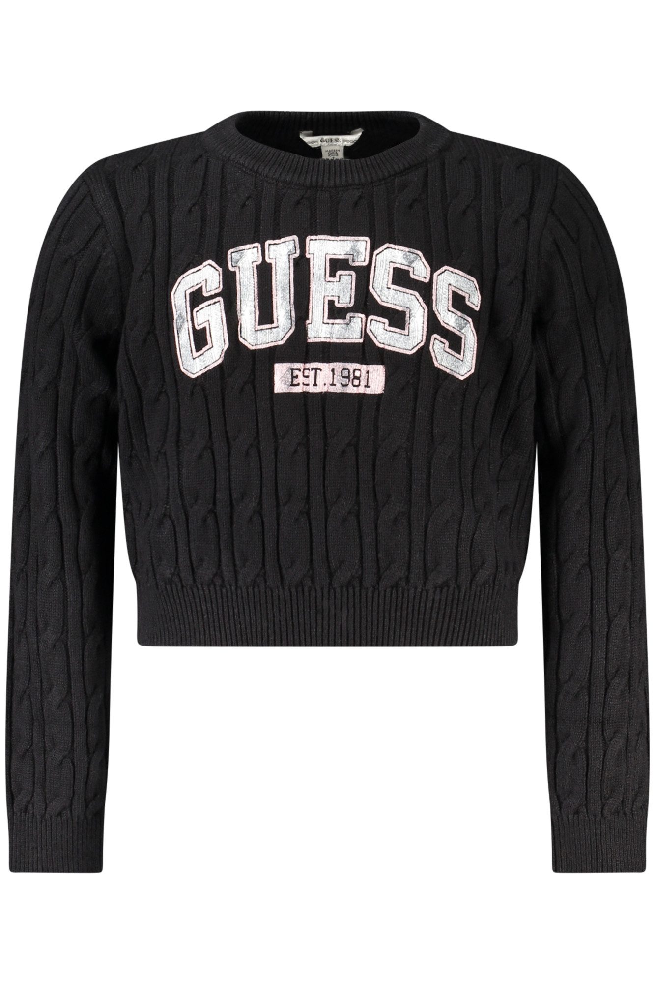 GUESS JEANS Strickpullover Mädchen Pullover Schwarz: Langarm, Zopfmuster & Logo Design