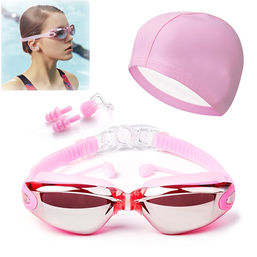 ZEUOPQ Schwimmbrille Schwimmbrille 4er Set mit Nasenklammer, Ohrstöpseln, Schwimmkappe, (Premium bequem Swim Goggles Anti Nebel Auslaufsicher UV-Schutz, 4-St., Objektive Voll verstellbar für Erwachsene Herren Frauen)