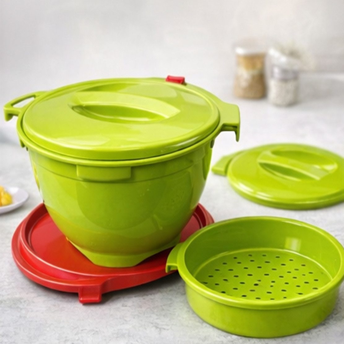 Kaiser24 Kochtopf Mikrowellen Kochtopf Set 5tlg Dampfgaren mit Siebeinsatz Ventil – Bild 4 von 5