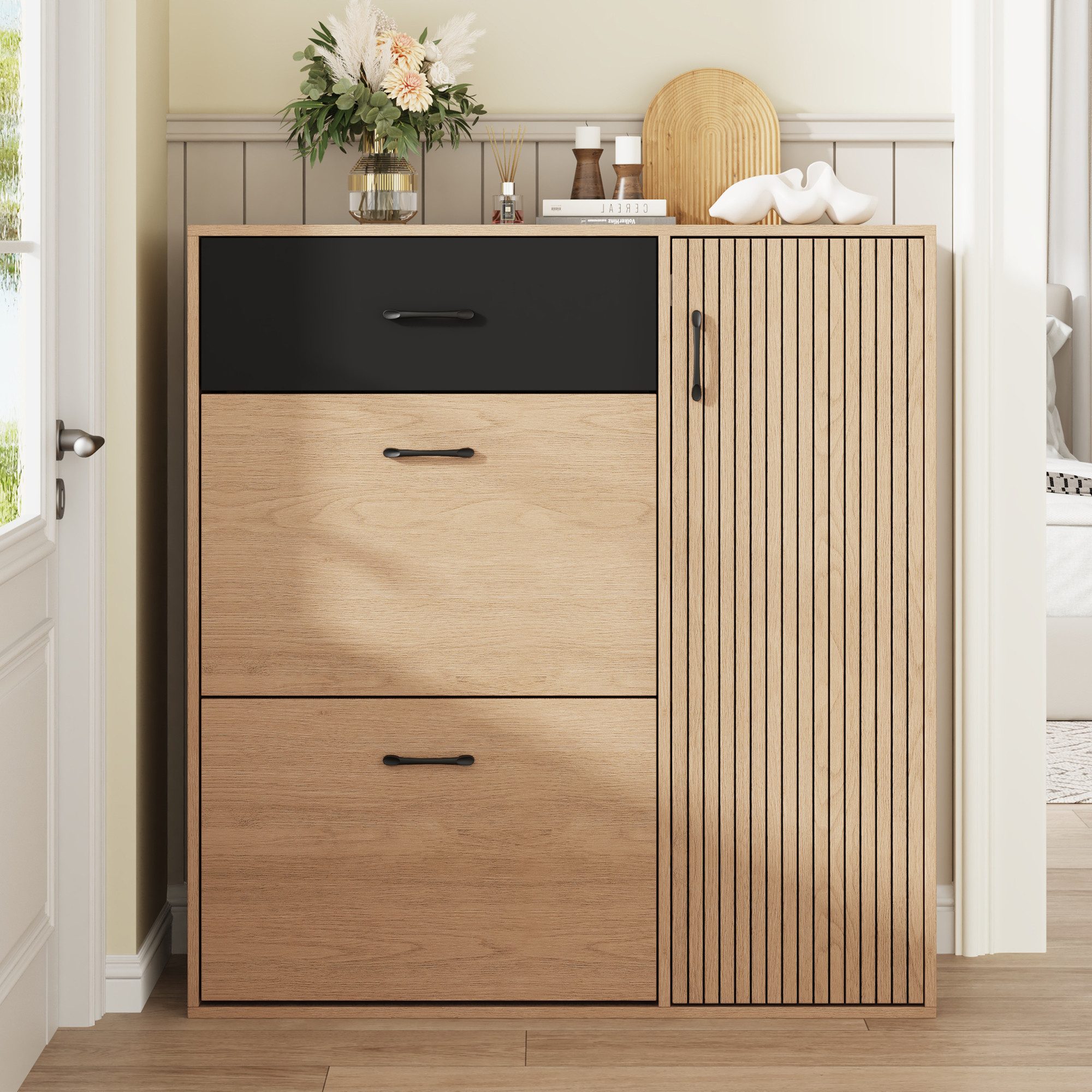 KLAM HOME Schuhschrank Schmaler Schuhschrank 100×35×106cm mit Klapptüren für Flur (Schuhkipper mit 1 Schublade und 5 Staufächern aus MDF) …