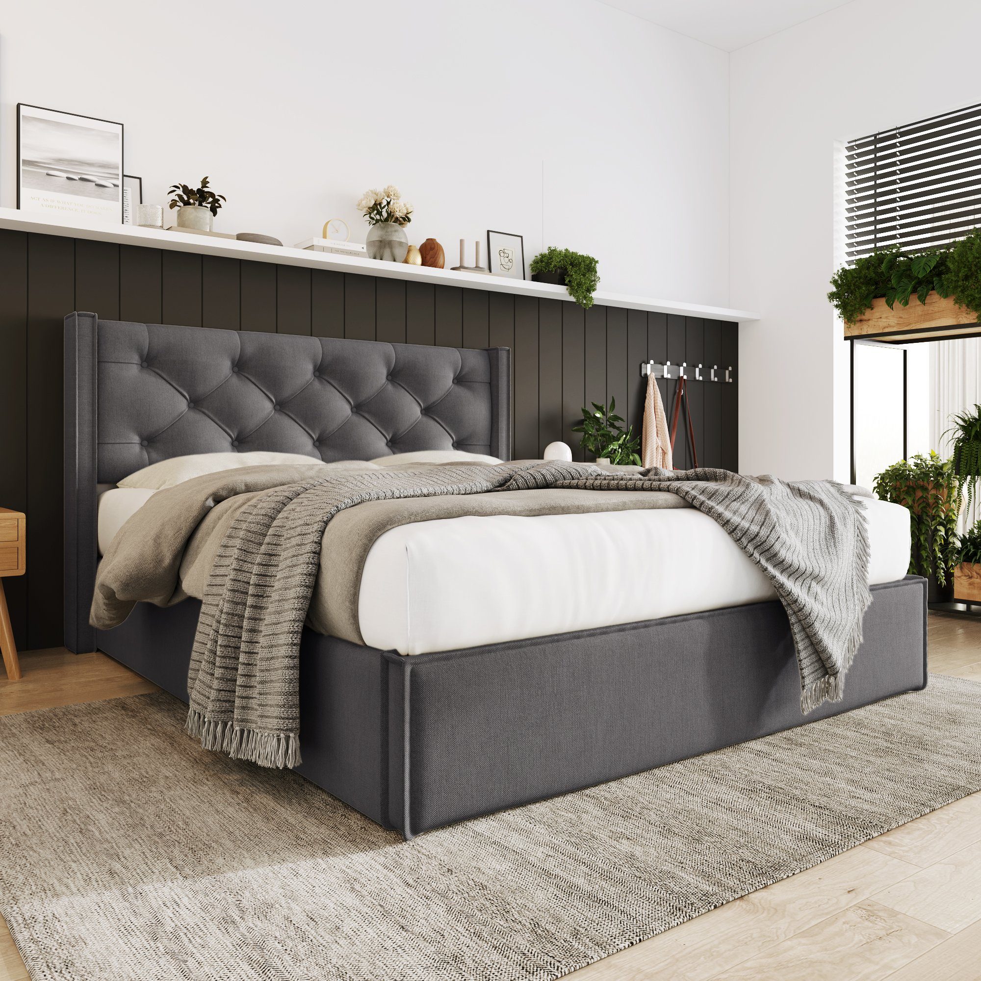 Polsterbett mit Lattenrost Grau OKWISH 140x200cm,Bett aus Baumwolle Metallrahmen, Hydraulisches,