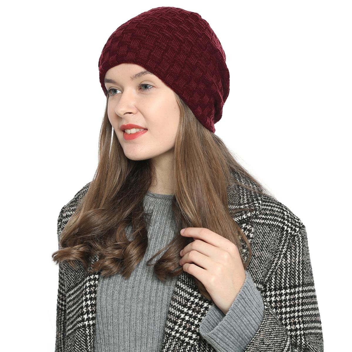 mit Beanie Damen Flechtmuster Innenfutter Beanie Winter DonDon mit Slouch dunkelrot Wintermütze, Beanie und Style (Packung, Teddyfleece 1-St)